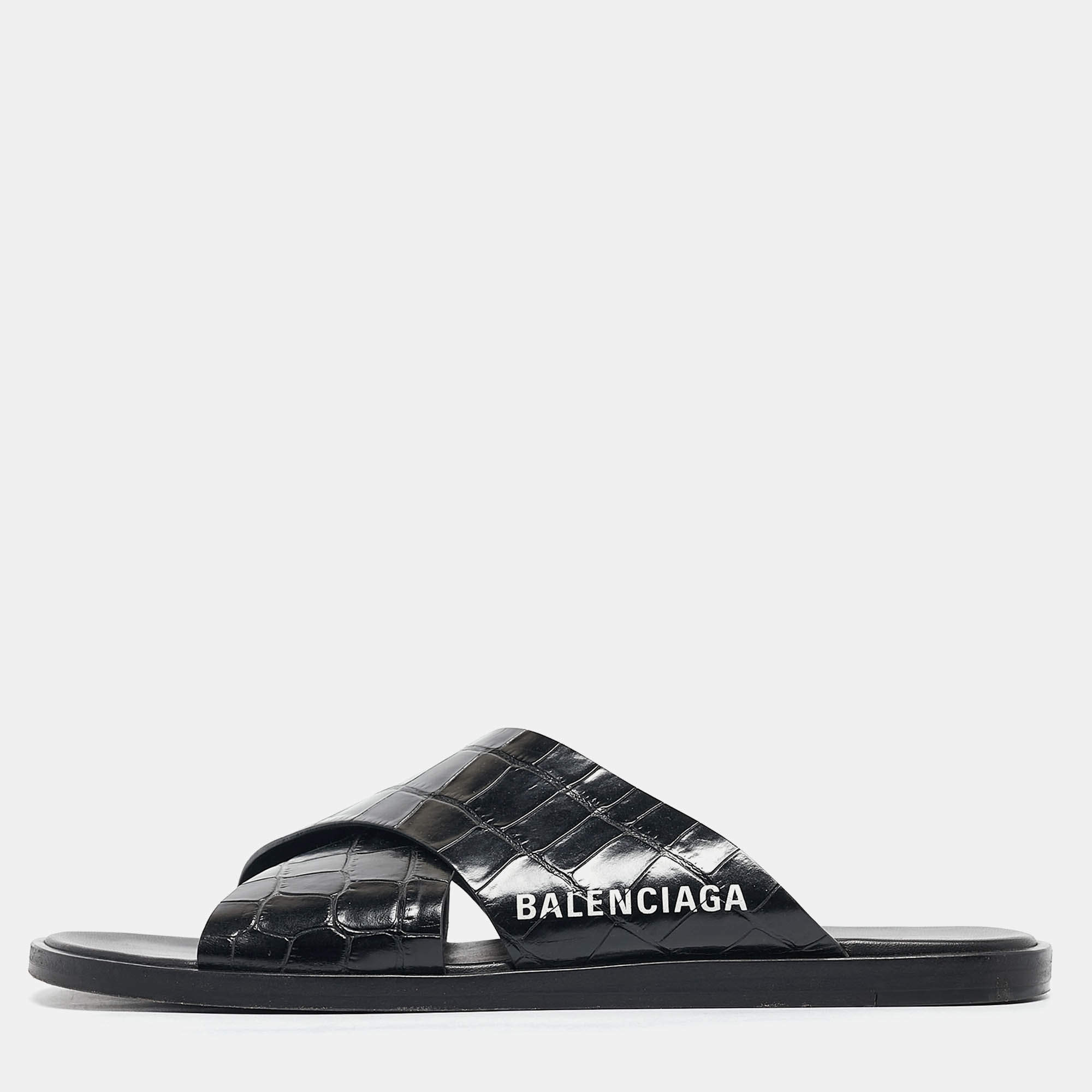 Balenciaga Black Croc Embossed Leather Flat Slides Size 41.5