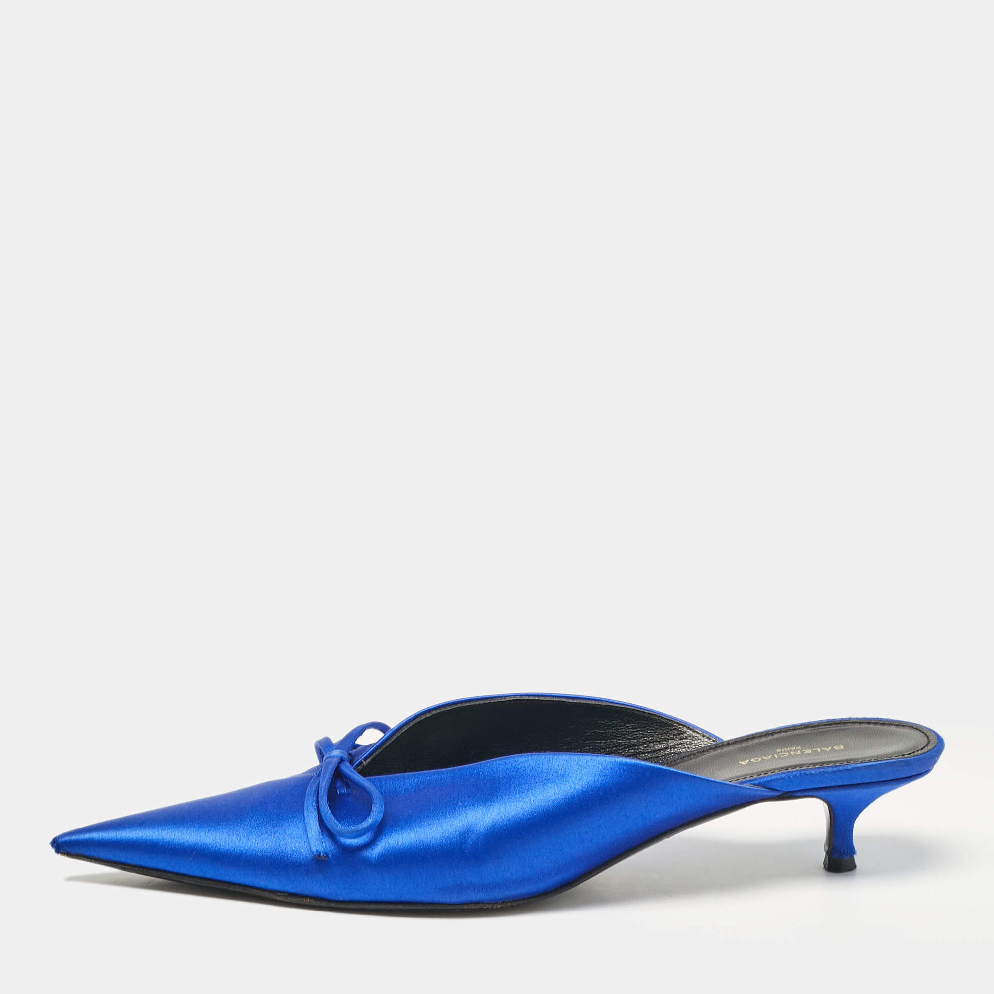 Pre Owned Balenciaga Royal Blue Satin Bow Knife Heel Mules Size 38