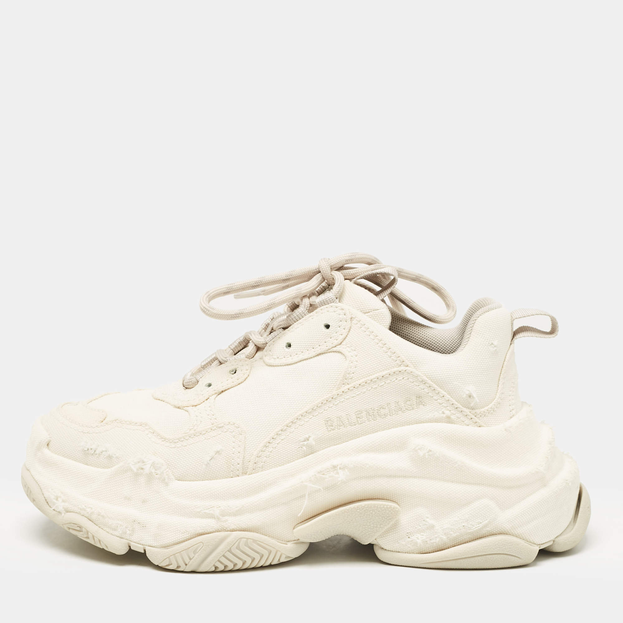 Balenciaga Cream Canvas Triple S Lace Up Sneakers Size 37