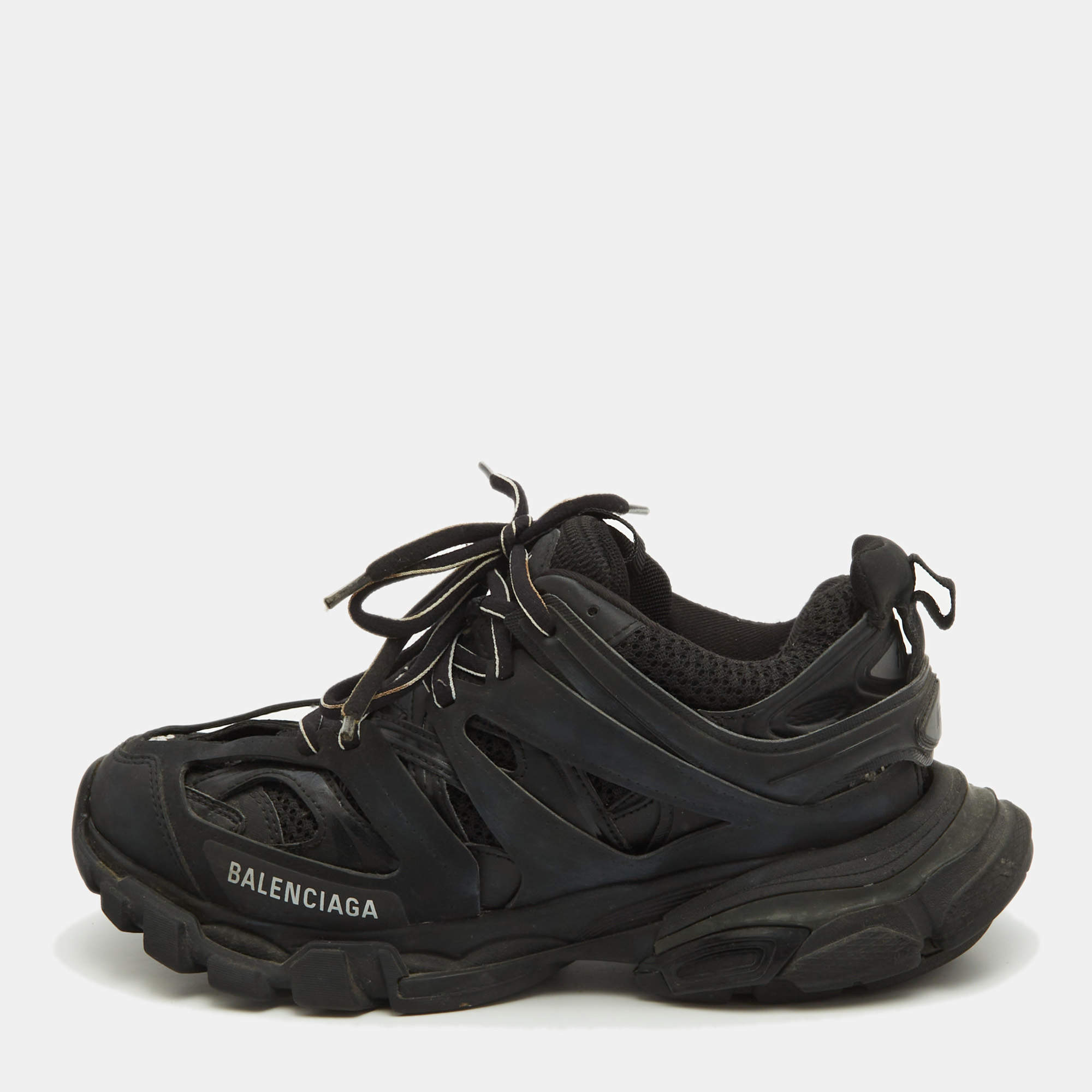Balenciaga Black Faux Leather and Mesh Track Sneakers Size