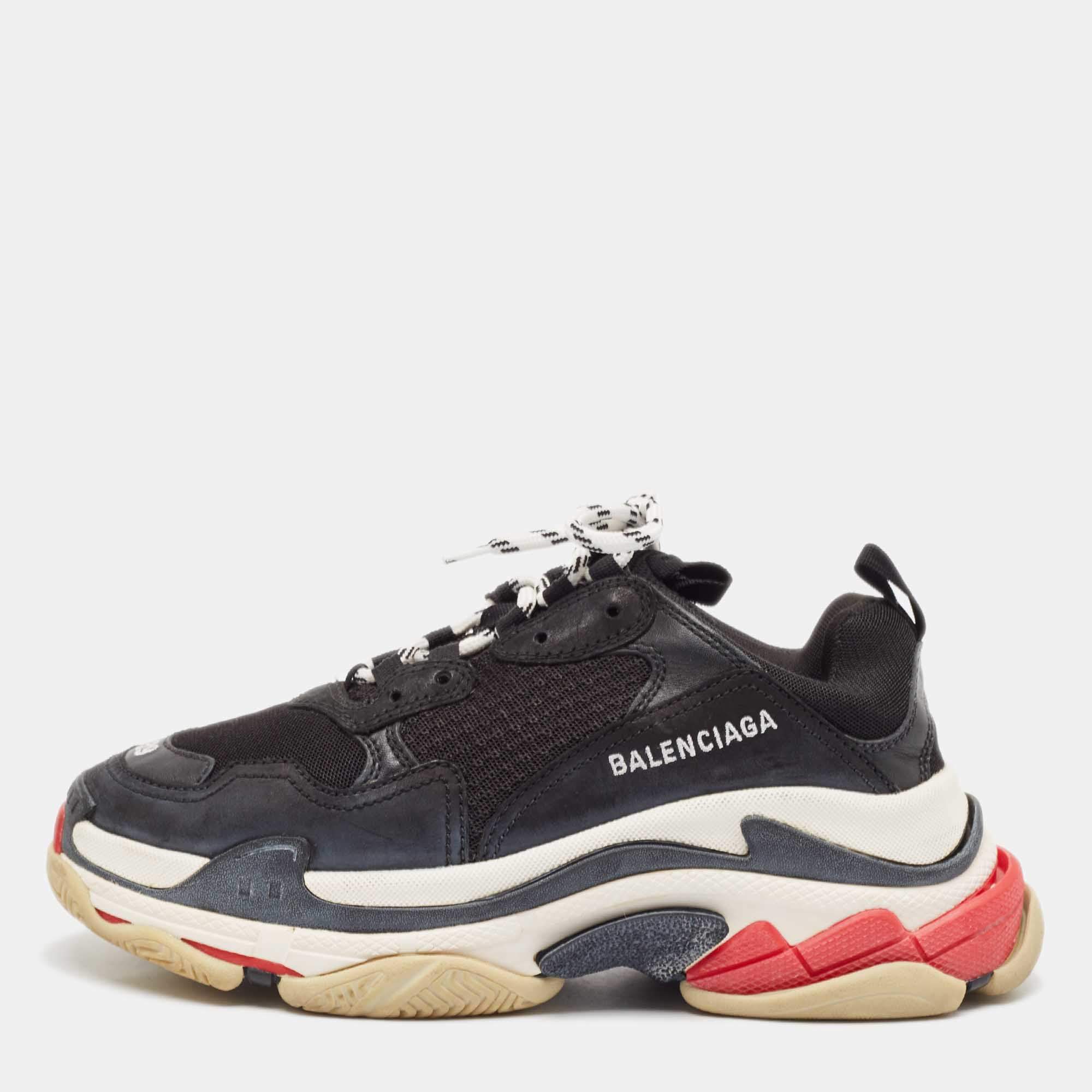 Balenciaga Black Leather and Mesh Triple S Sneakers Size 39