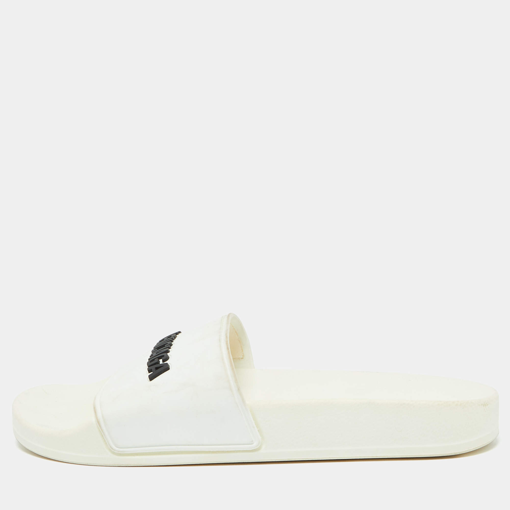 Balenciaga White Rubber Logo Pool Slides Size 37