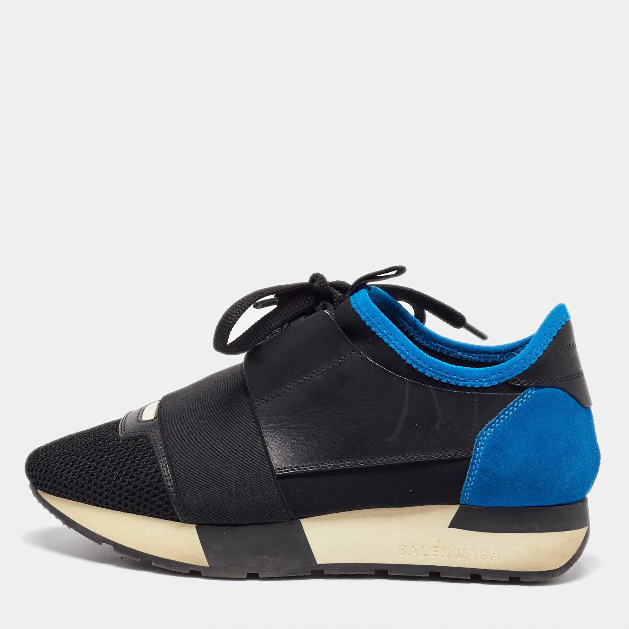 Balenciaga Black/Blue Mesh and Leather Race Runner Sneakers Size 35