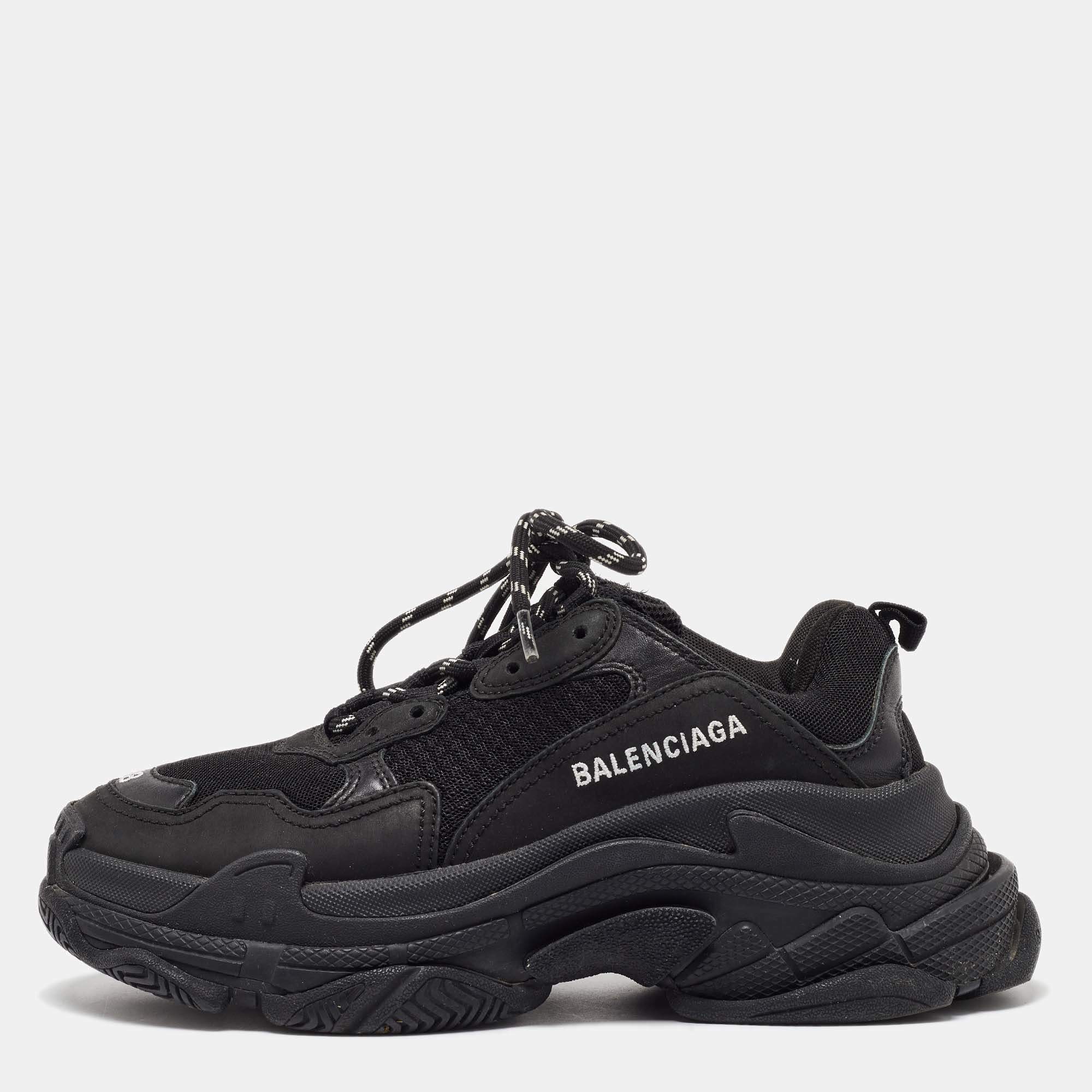 Balenciaga Black Leather and Mesh Triple S Sneakers Size 38