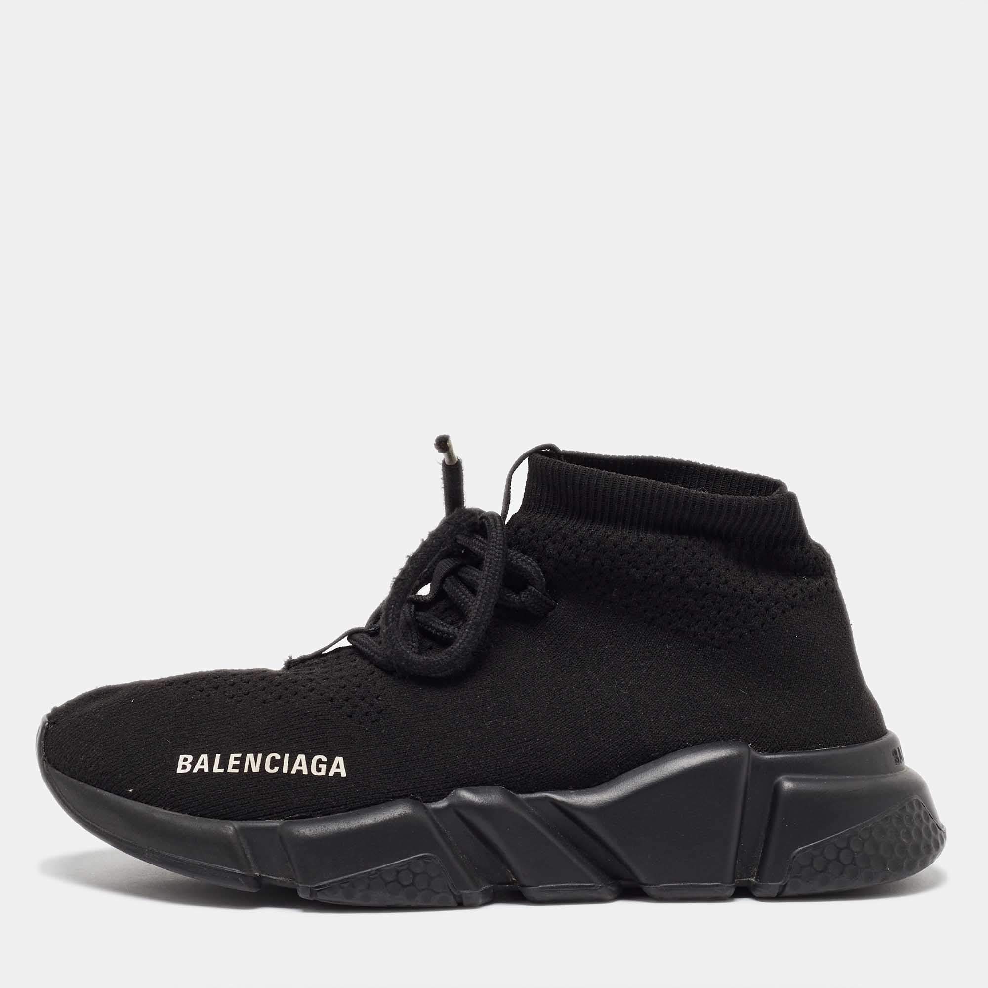 Pre Owned Balenciaga Black Knit Fabric Speed 2.0 Lace up Sneakers Size 37