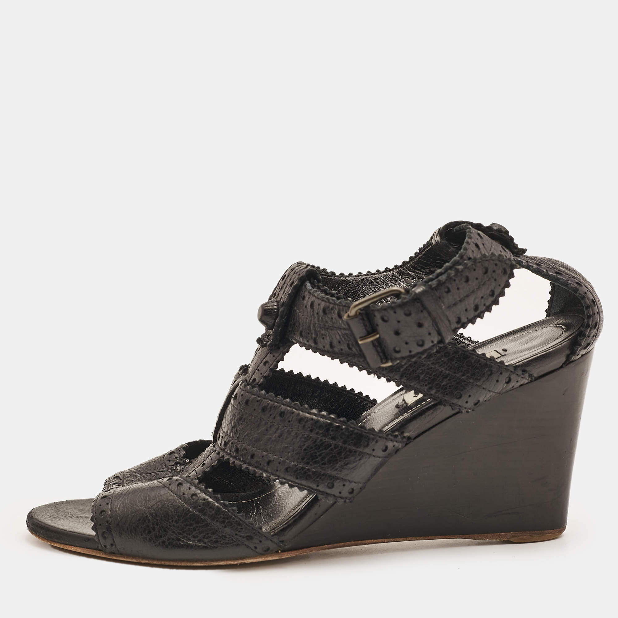 Balenciaga Black Leather Ankle Strap Wedge Sandals Size 39