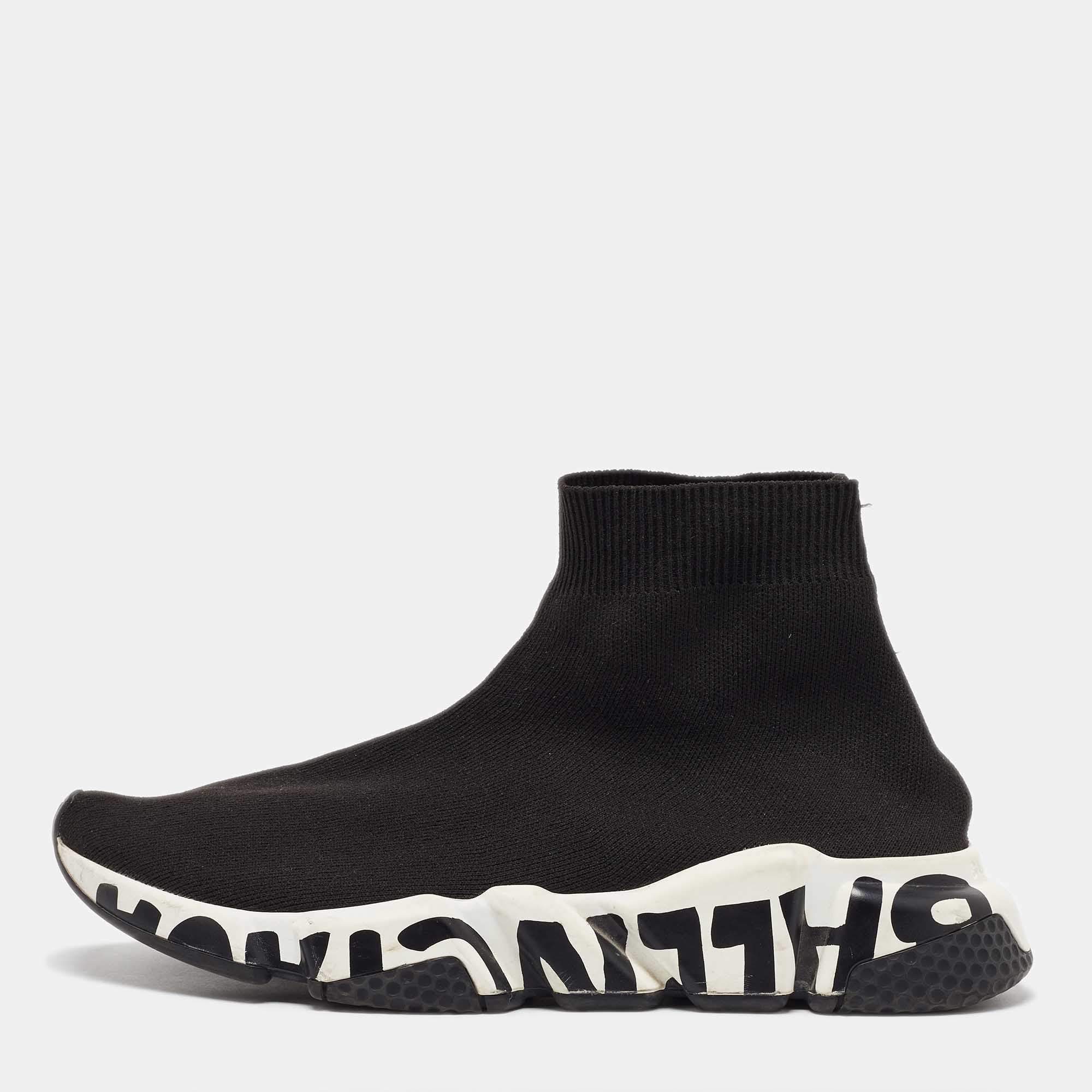 Balenciaga Black Knit Fabric Speed Trainer Slip On High Sneakers Size 39