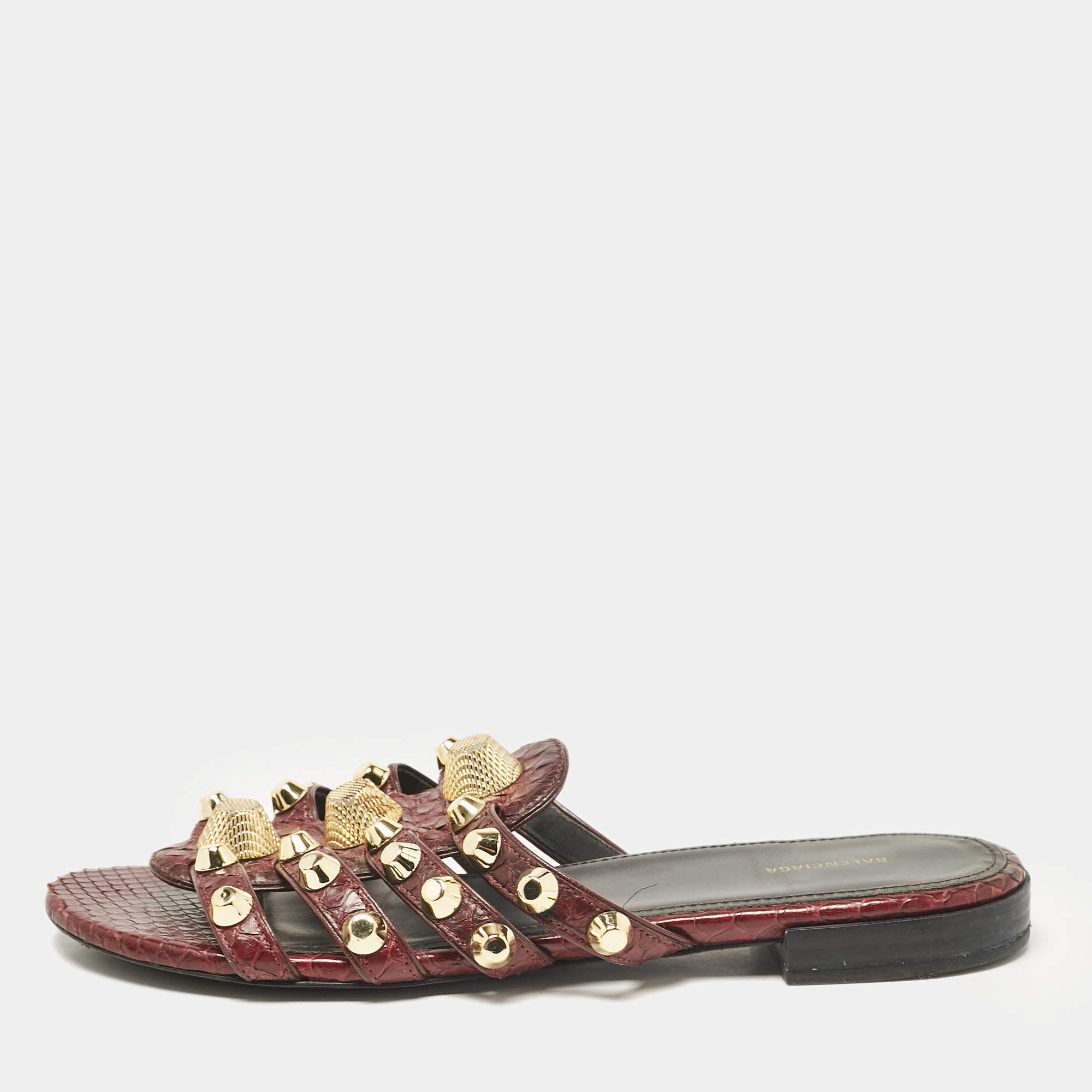 Balenciaga Burgundy Embossed Python Arena Flat Slides Size 37