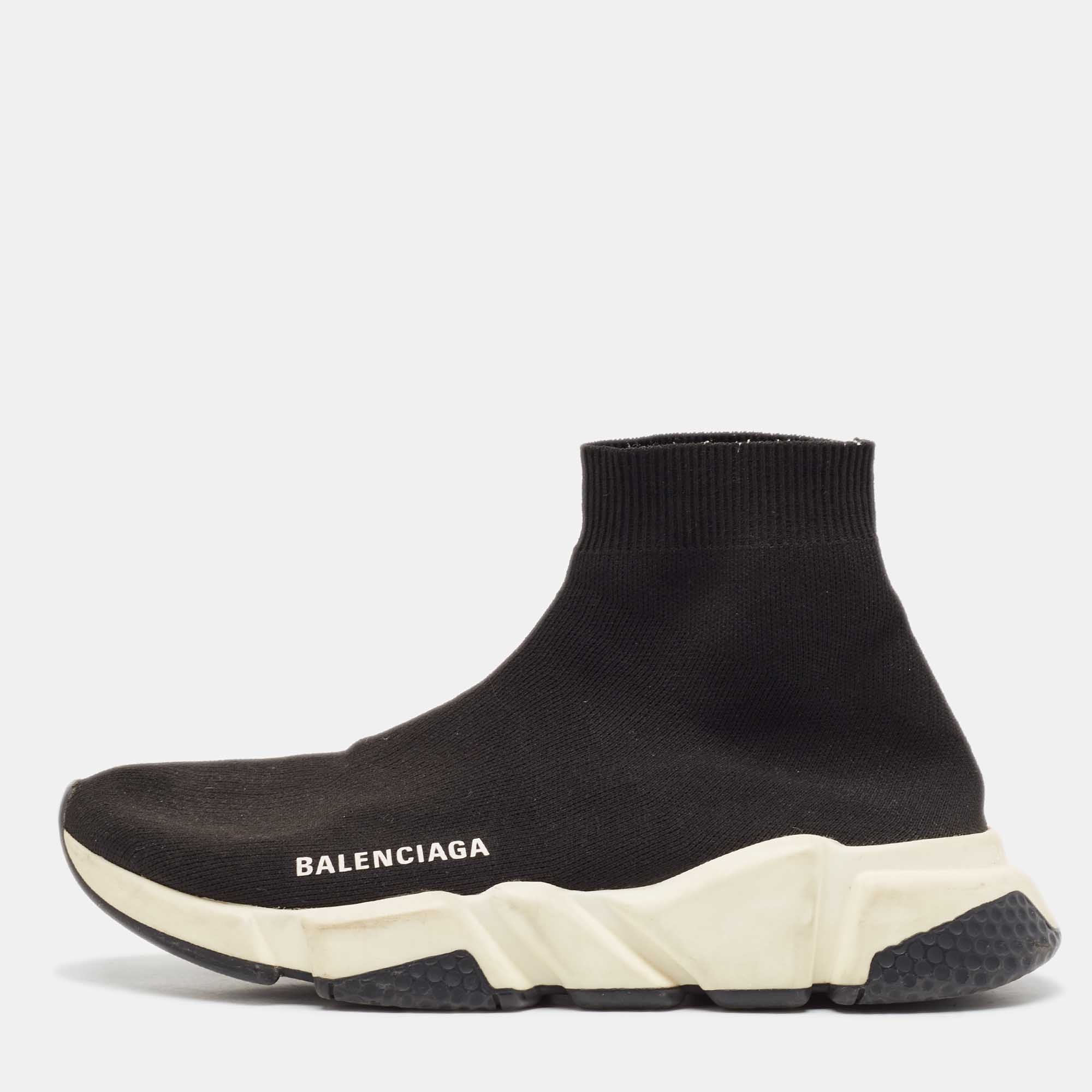 Pre Owned Balenciaga Black Knit Fabric Speed Trainer High Top Sneakers Size 39