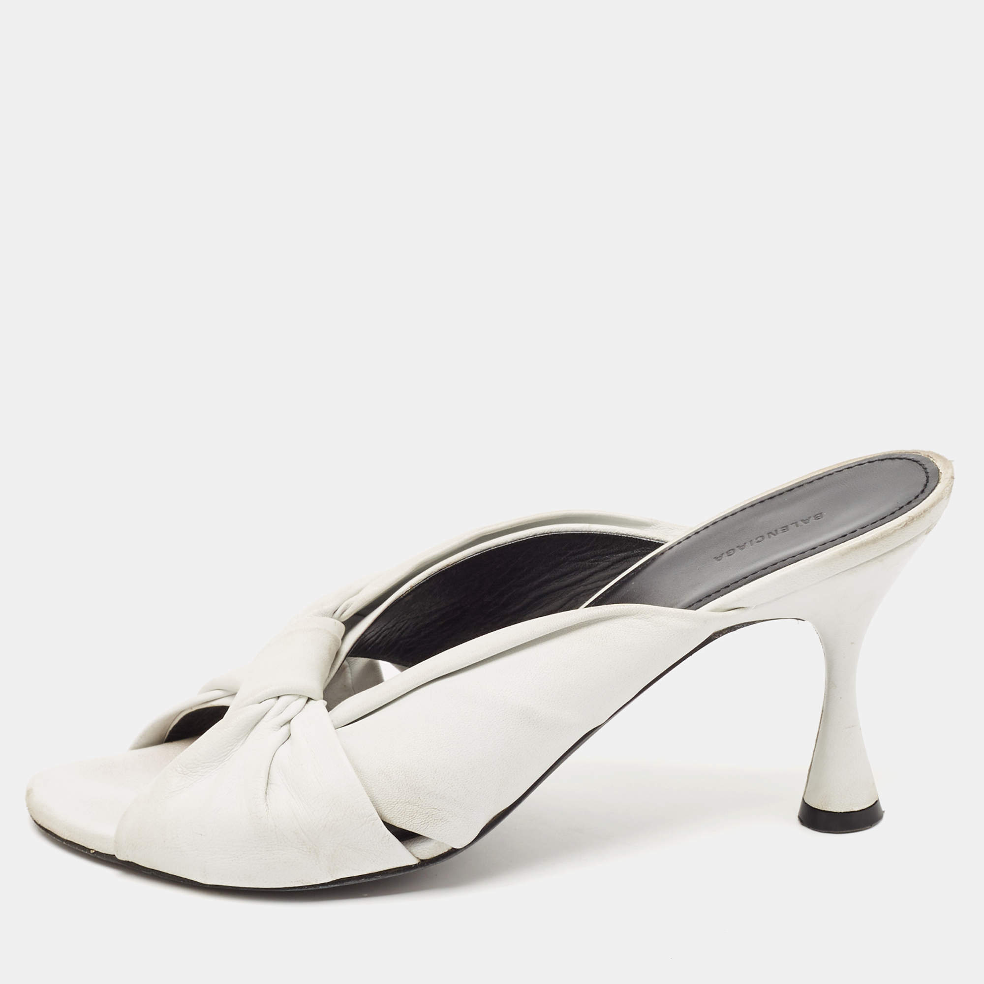 Balenciaga White Leather Knot Open Toe Slide Sandals Size 40.5