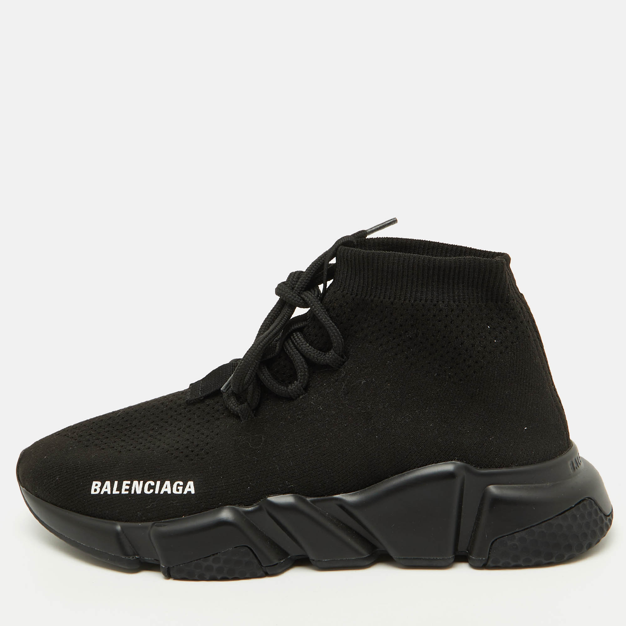 Balenciaga Black Knit Fabric Speed Trainer Lace Up Sneakers Size 38