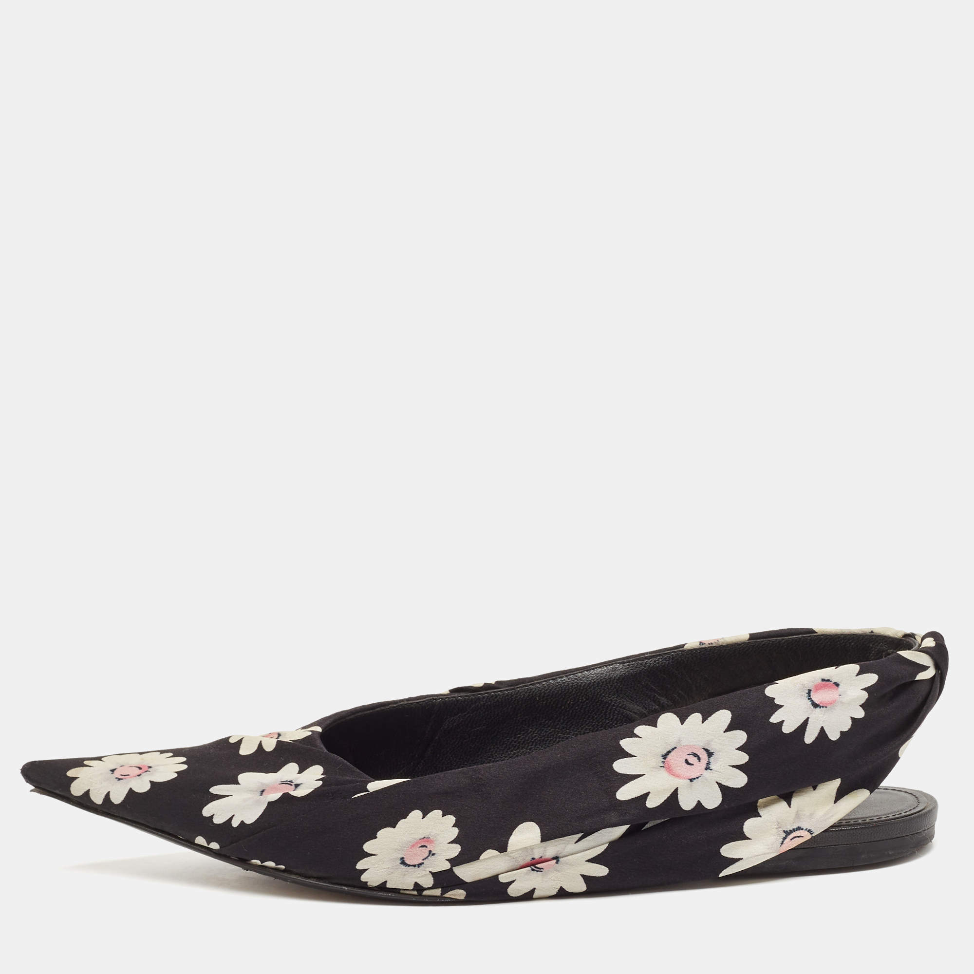 Balenciaga Black Floral Print Fabric Pointed Toe Slingback Flats Size 38