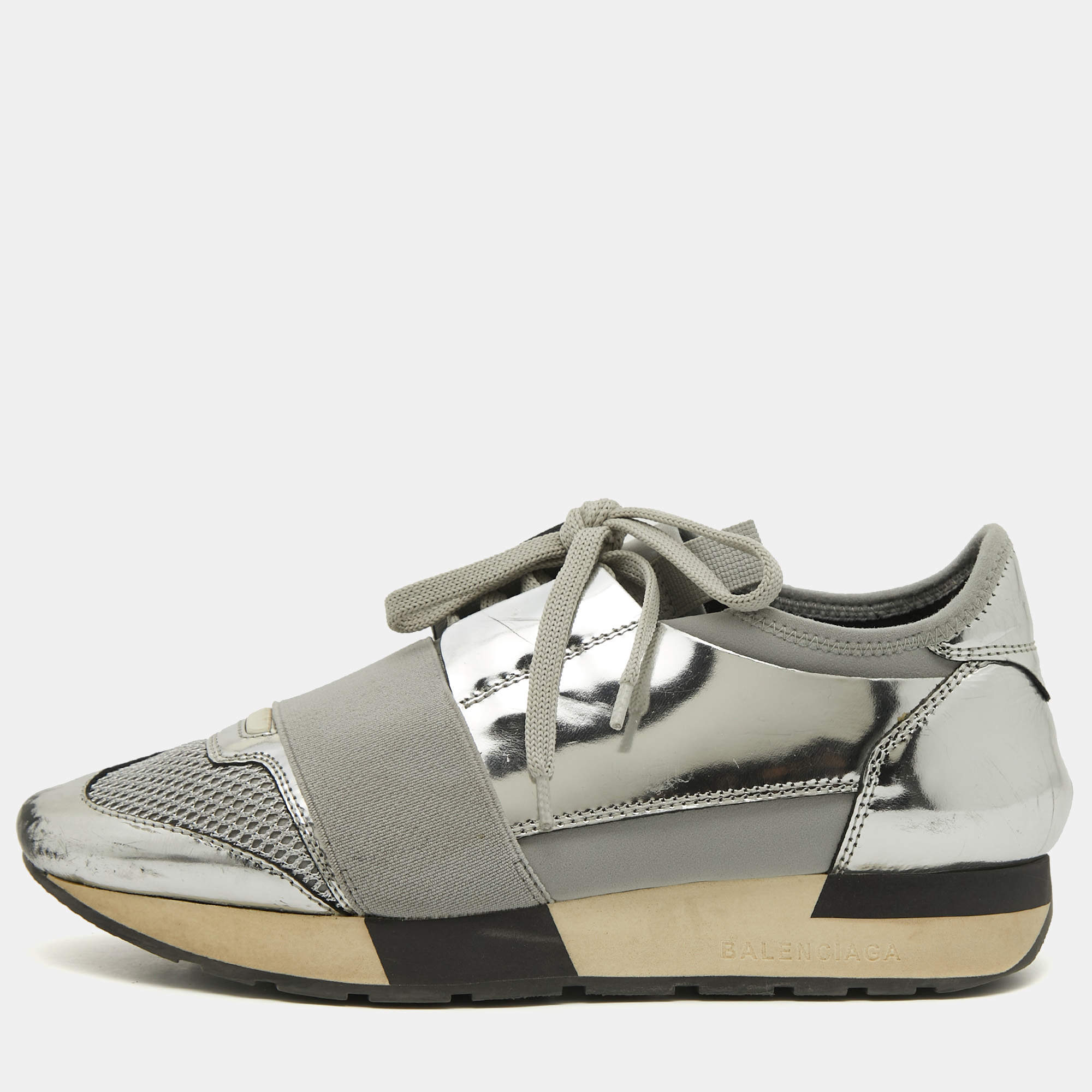 Balenciaga Silver Leather and Mesh Race Runner Sneakers Size 36