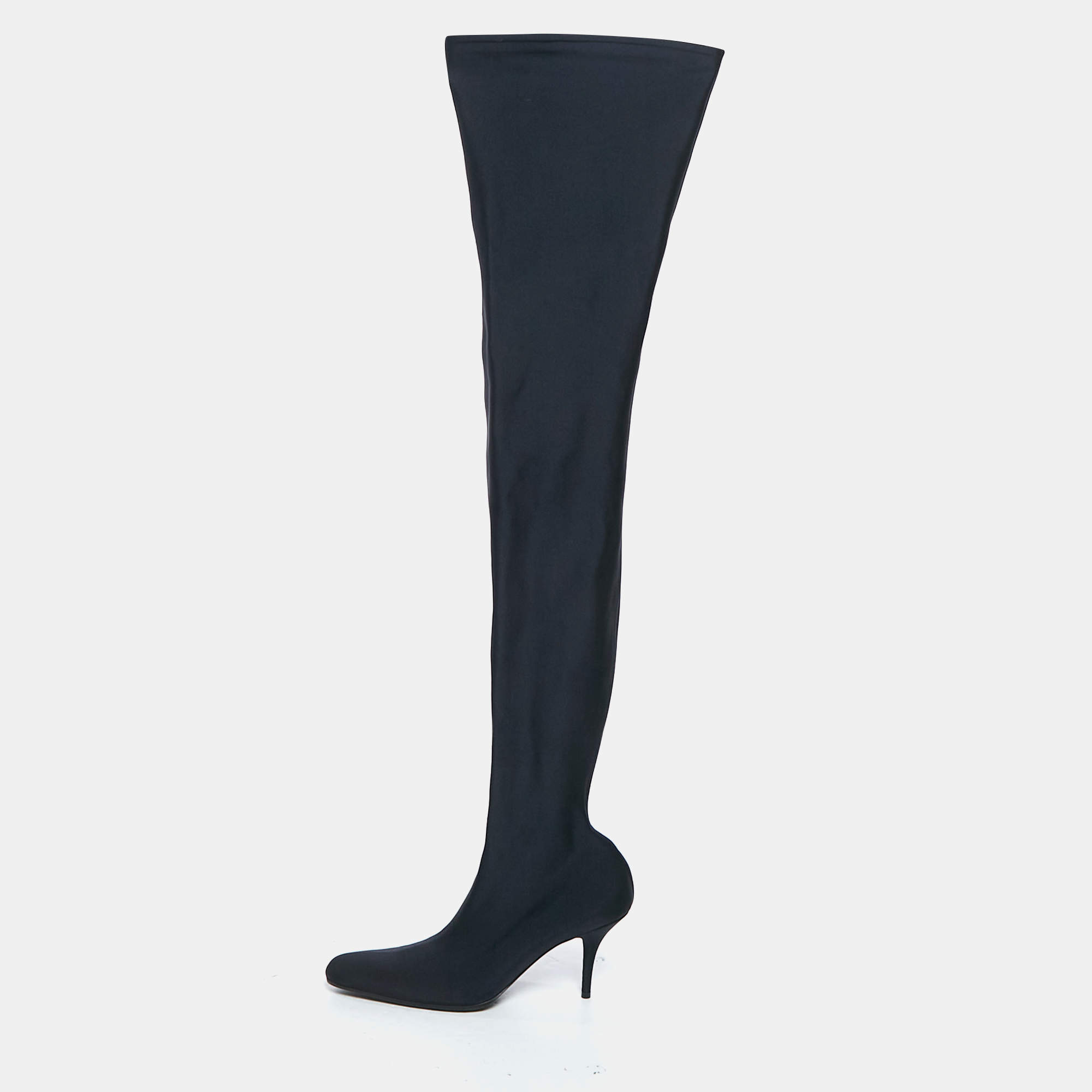 Pre Owned Balenciaga Navy Blue Knit Fabric Over The Knee Boots Size 40