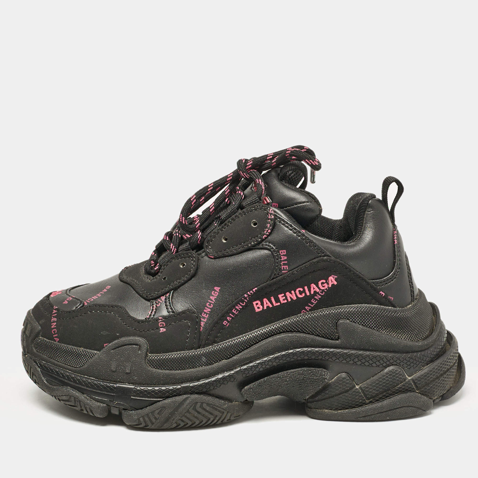 Pre Owned Balenciaga Black Faux Leather Triple S All Over Logo Sneakers Size 36