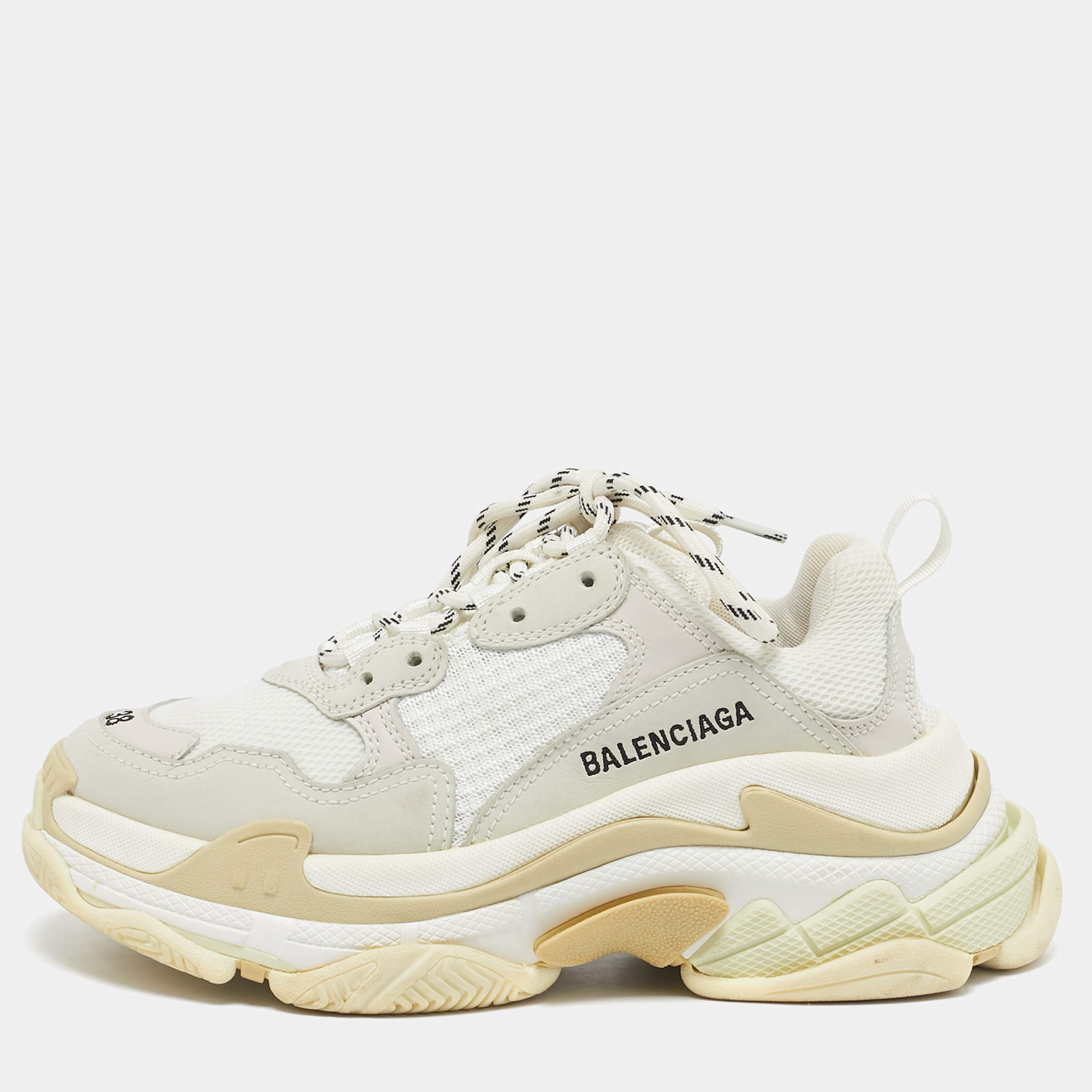 Balenciaga White Leather and Mesh Triple S Low Top Sneakers Size 38