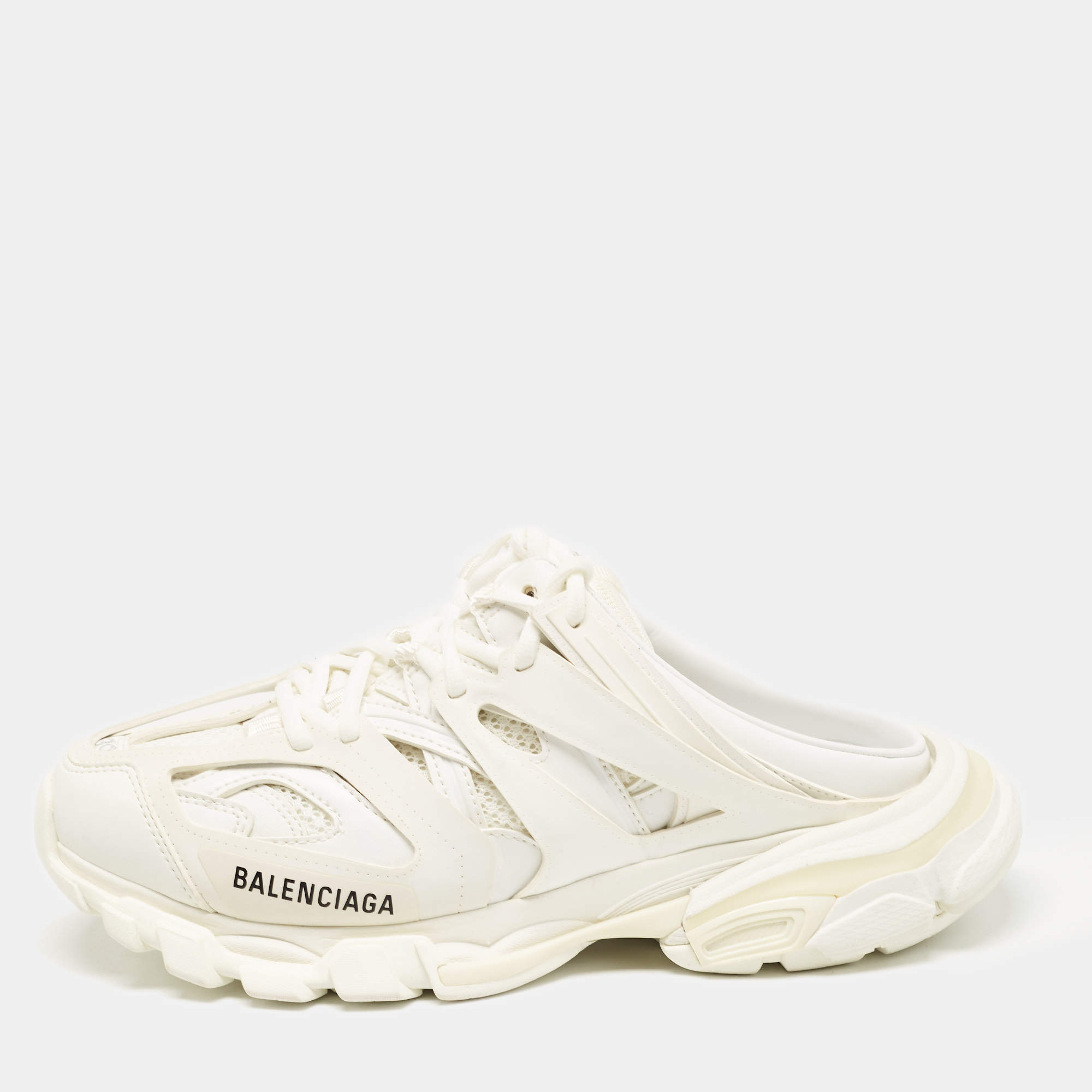 Pre Owned Balenciaga White Mesh and Faux Leather Track Mule Sneakers Size 39