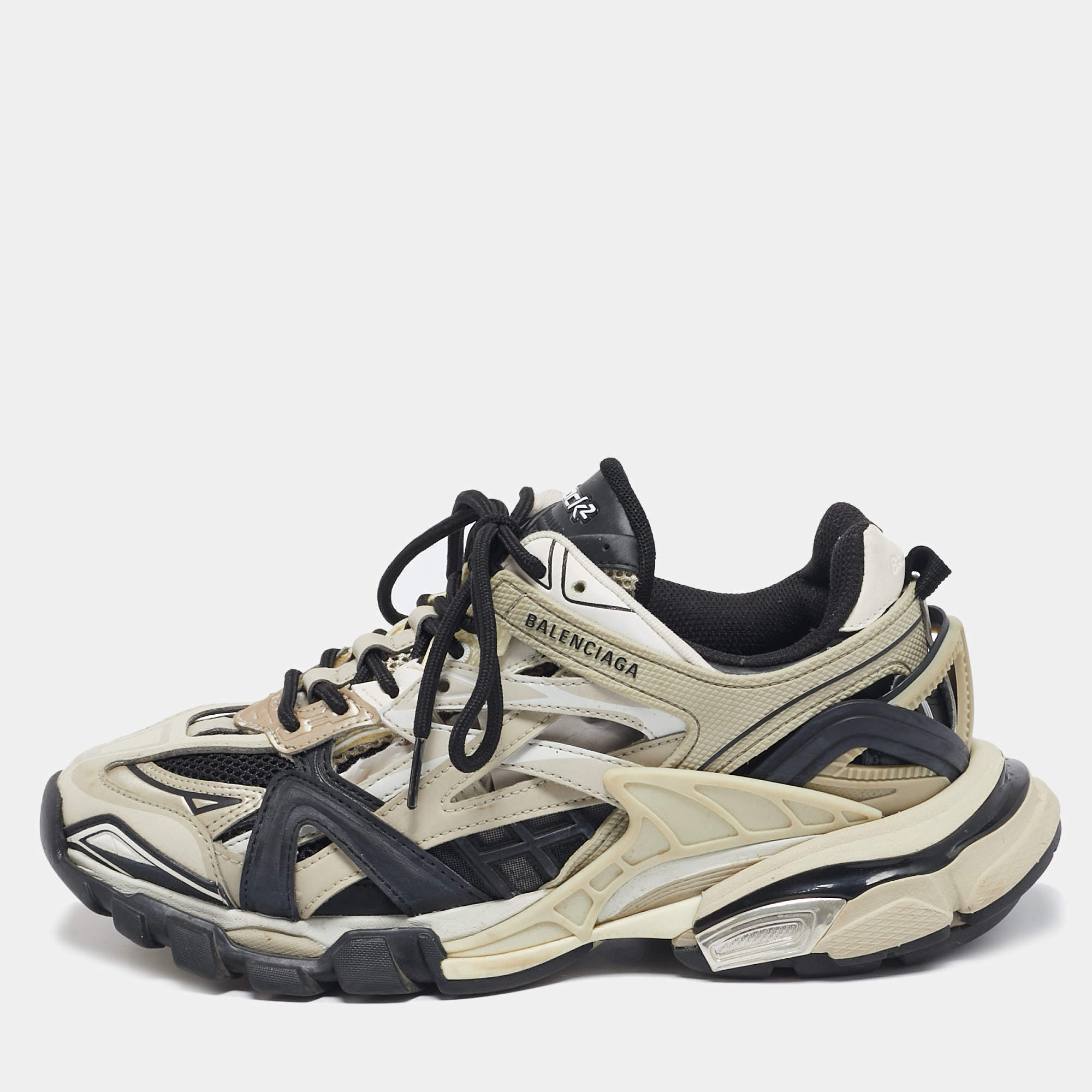 Balenciaga White/Black Faux Leather and Mesh Track 2 Sneakers Size 39