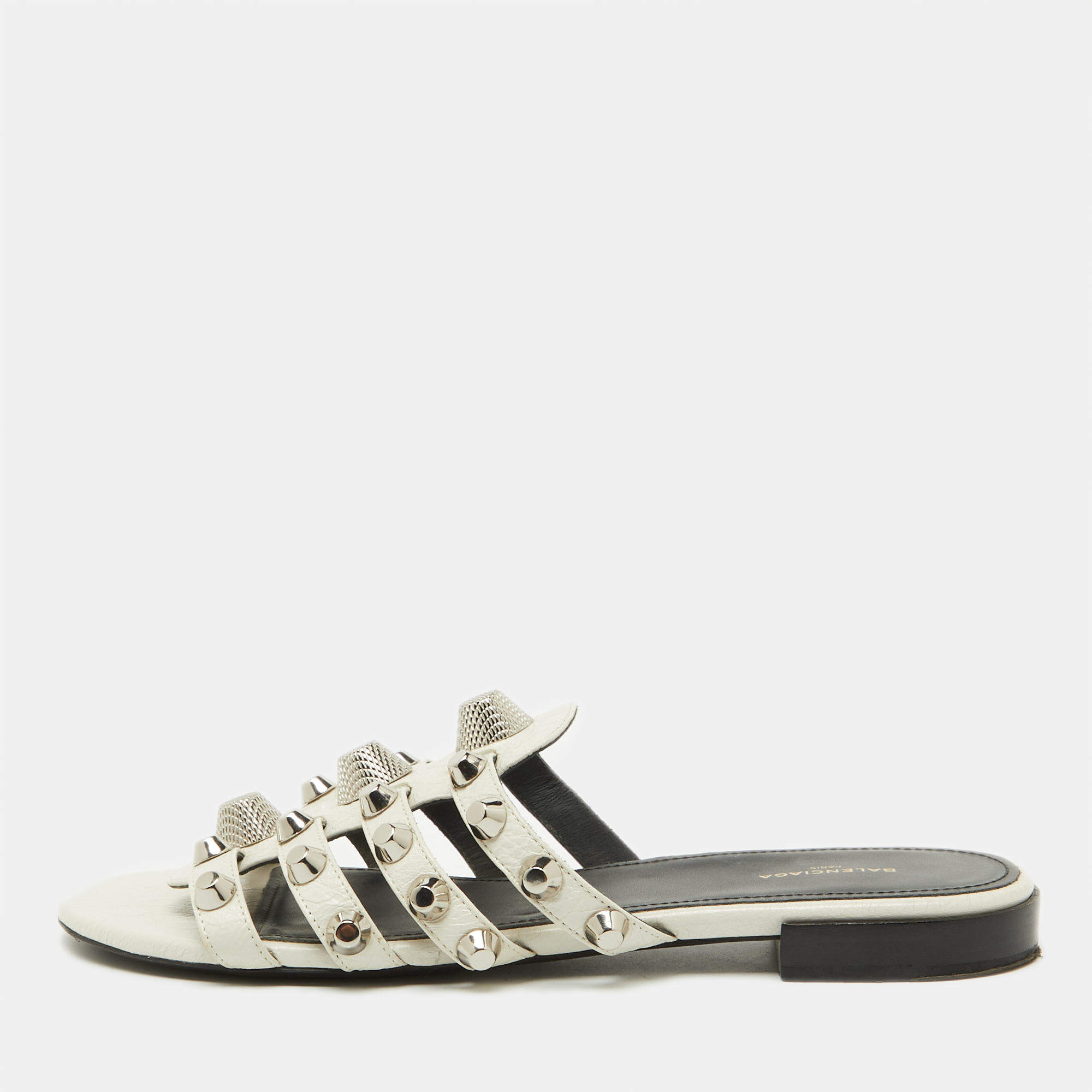 Balenciaga White Leather Studded Arena Flat Slide Sandals Size 38