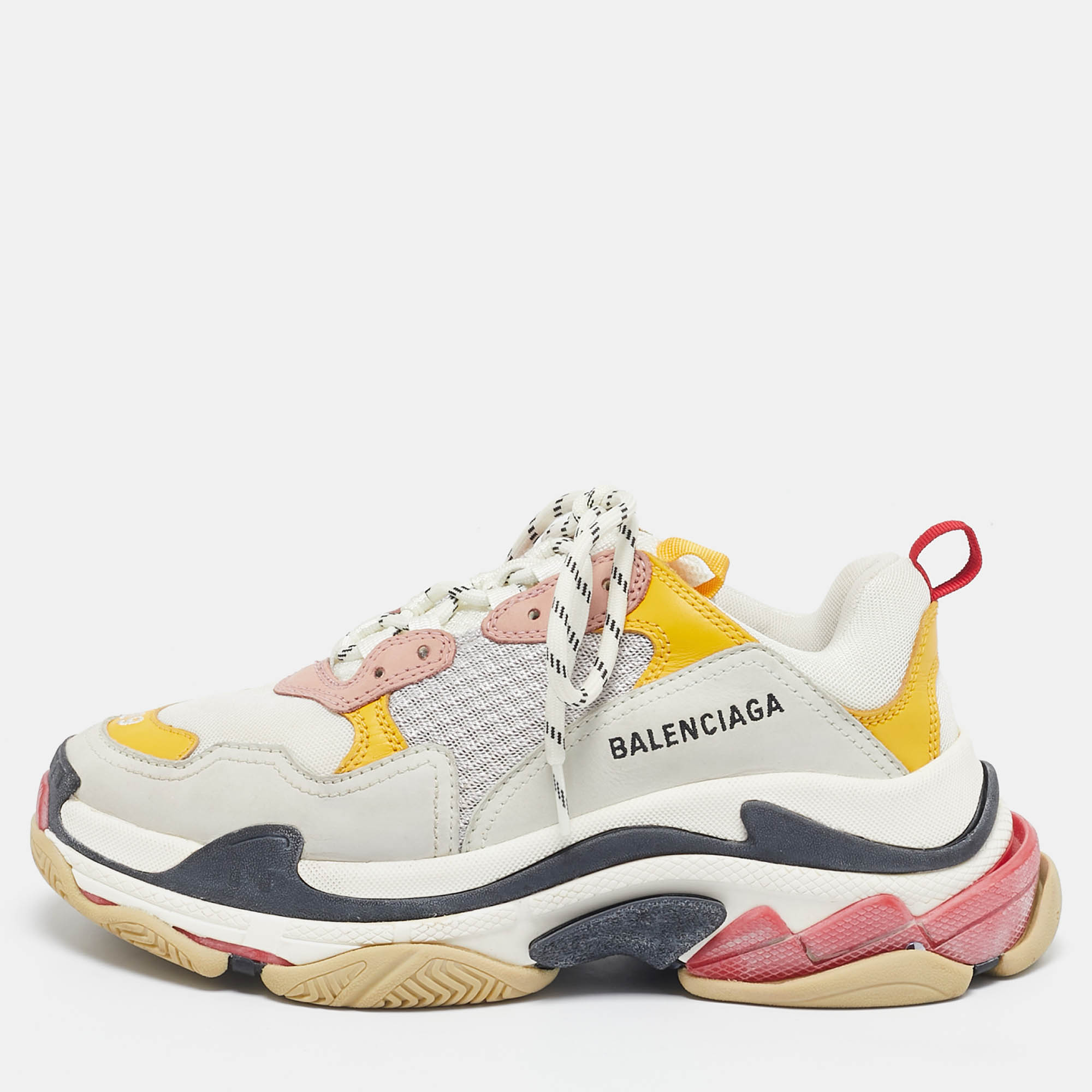 Pre Owned Balenciaga Multicolor Faux Leather and Mesh Triple S All Over Logo Lace Up Sneakers Size 39