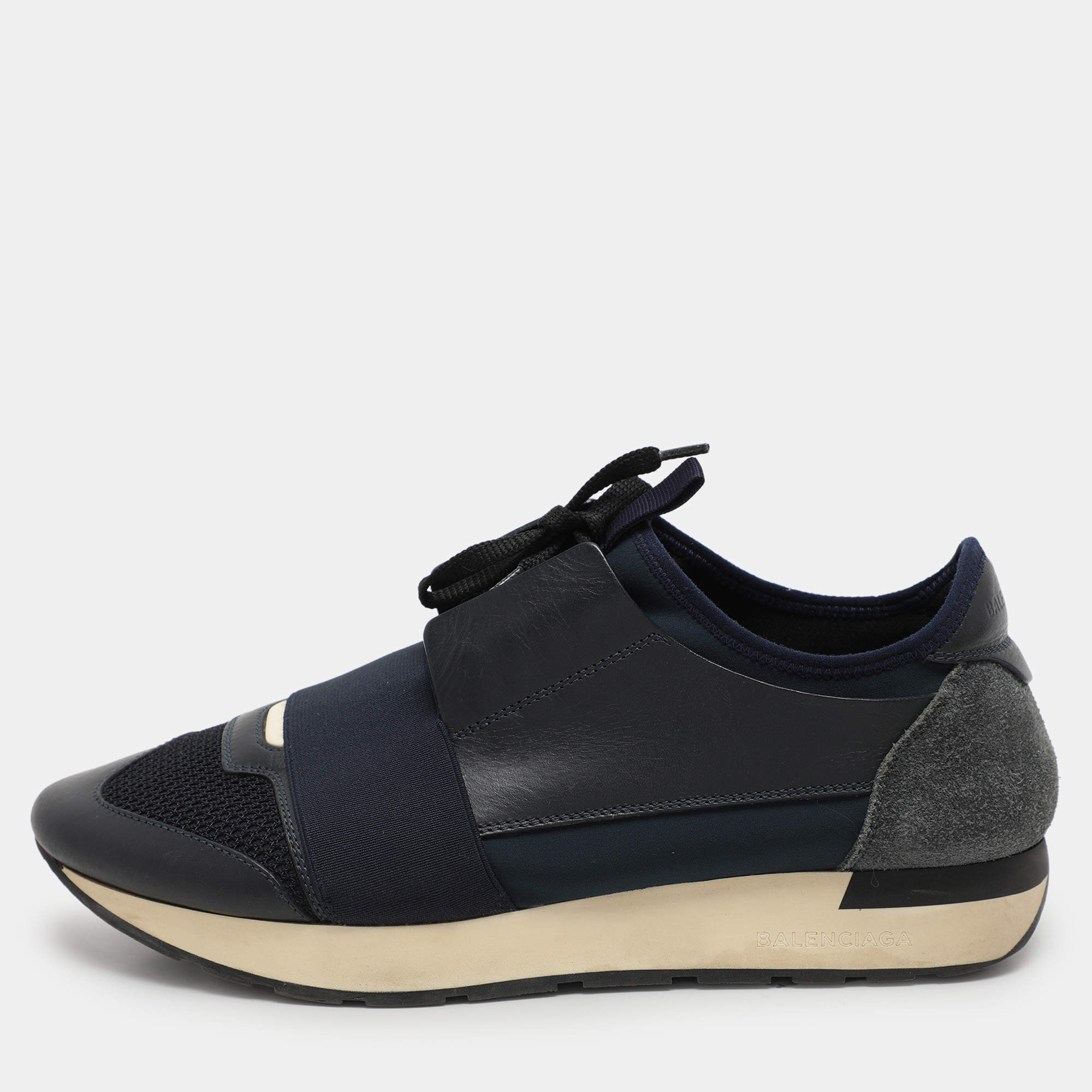 Balenciaga Blue Leather and Neoprene Race Runner Sneakers Size 40