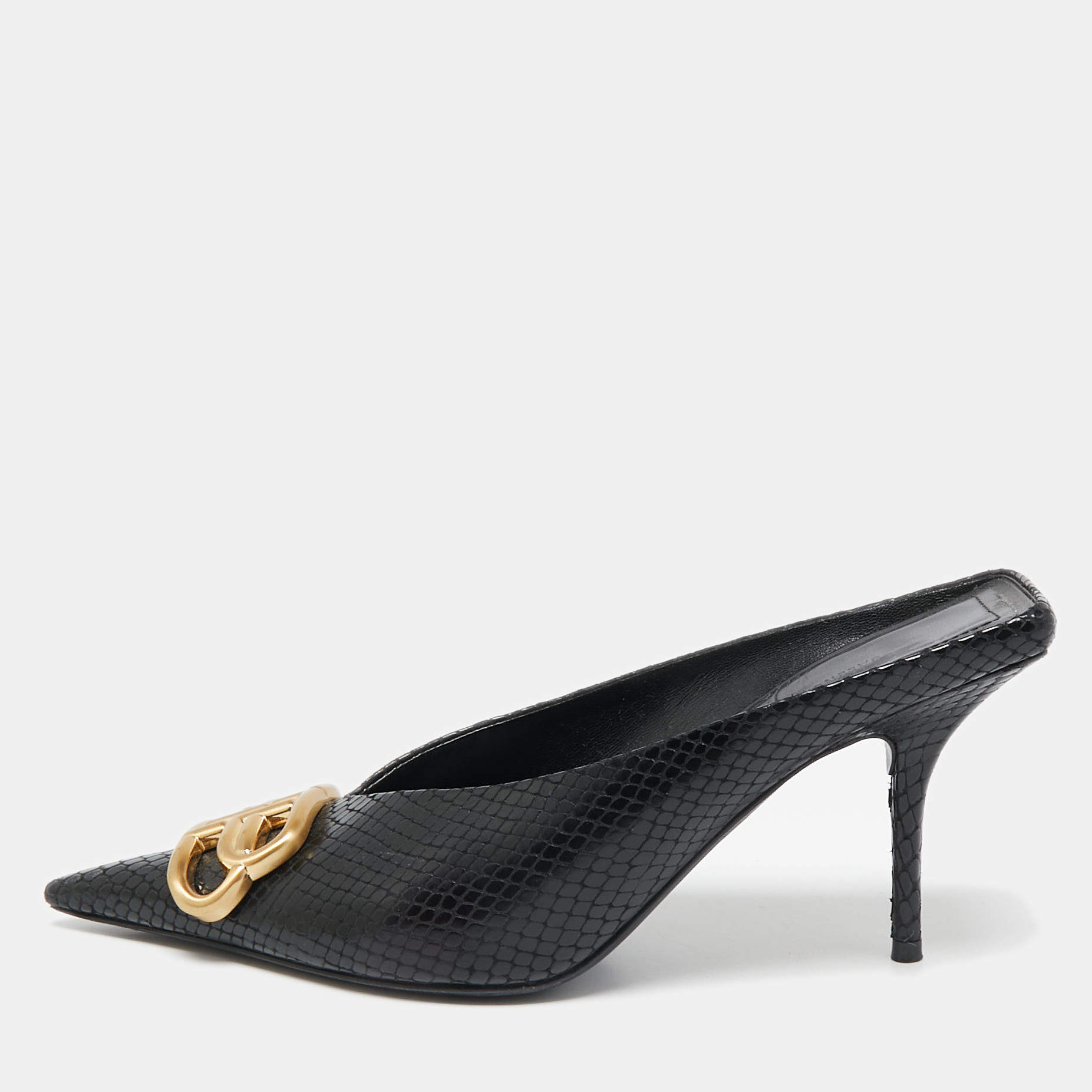 Pre Owned Balenciaga Black Python Embossed Leather BB Knife Mules Size 36