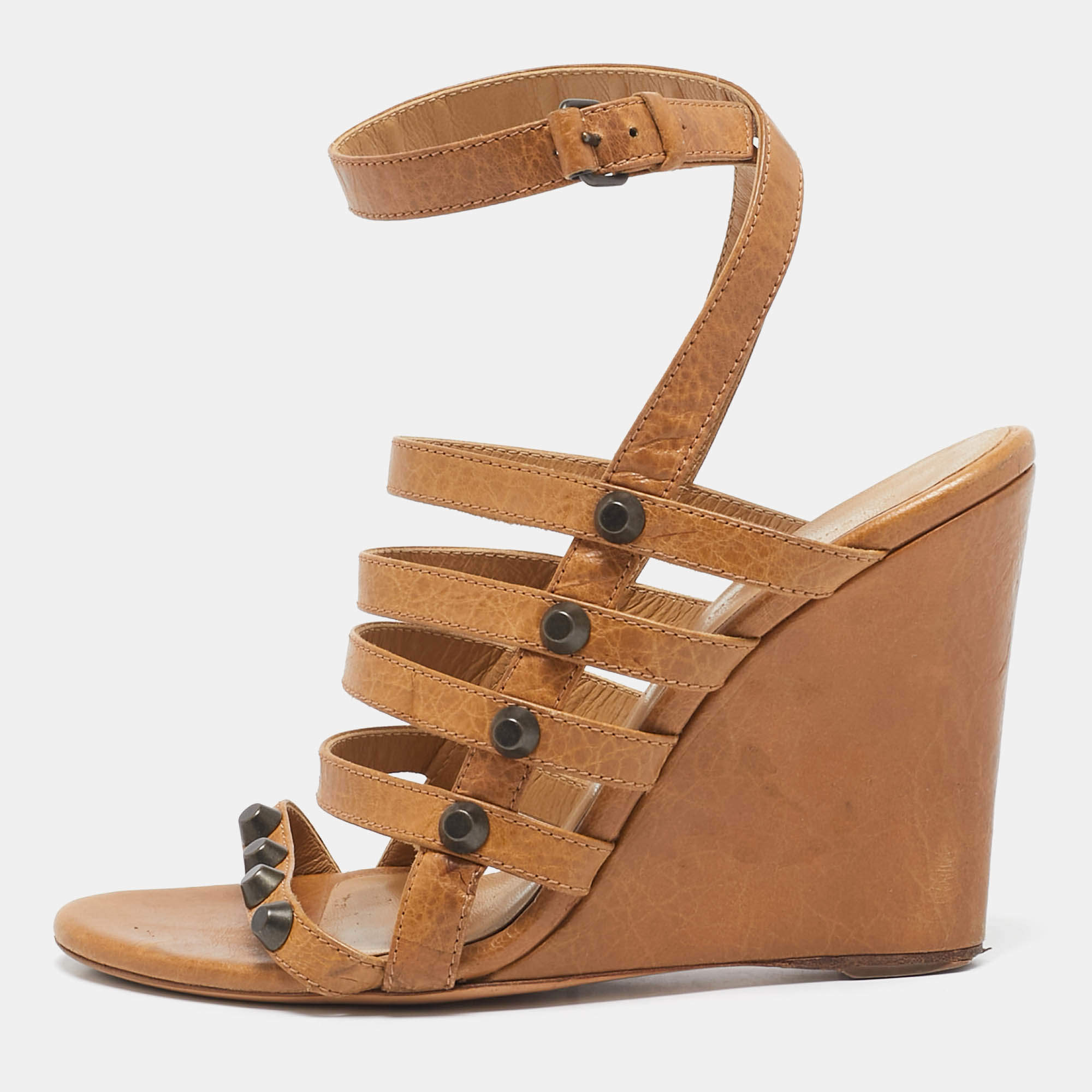 Balenciaga Brown Leather Arena Cage Wedge Sandals Size 38.5
