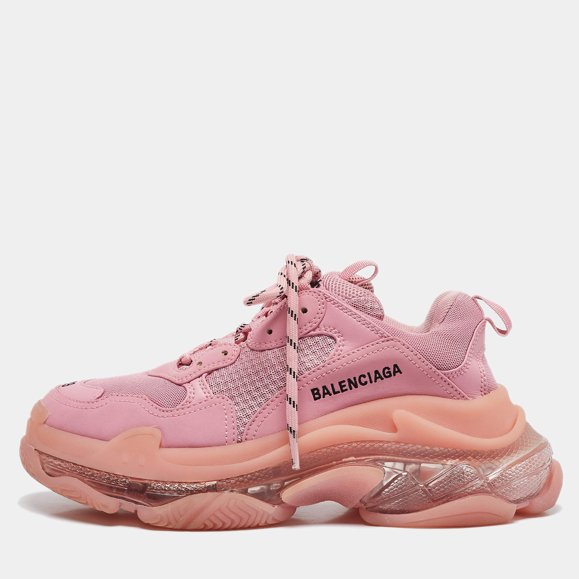 Balenciaga Pink Mesh and Nubuck Leather Triple S Clear Sole Lace Up Sneakers Size 39