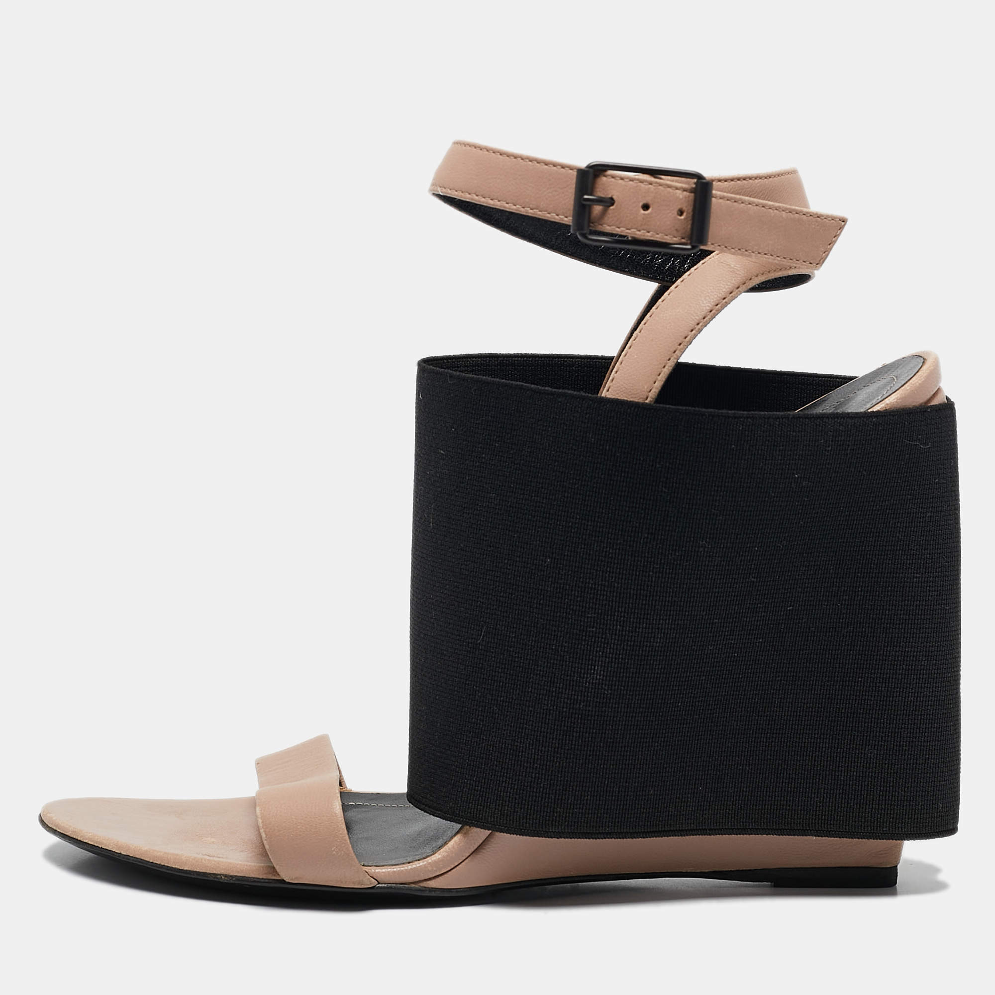 Balenciaga Beige Elastic and Leather Wedge Ankle Strap Sandals Size 39.5
