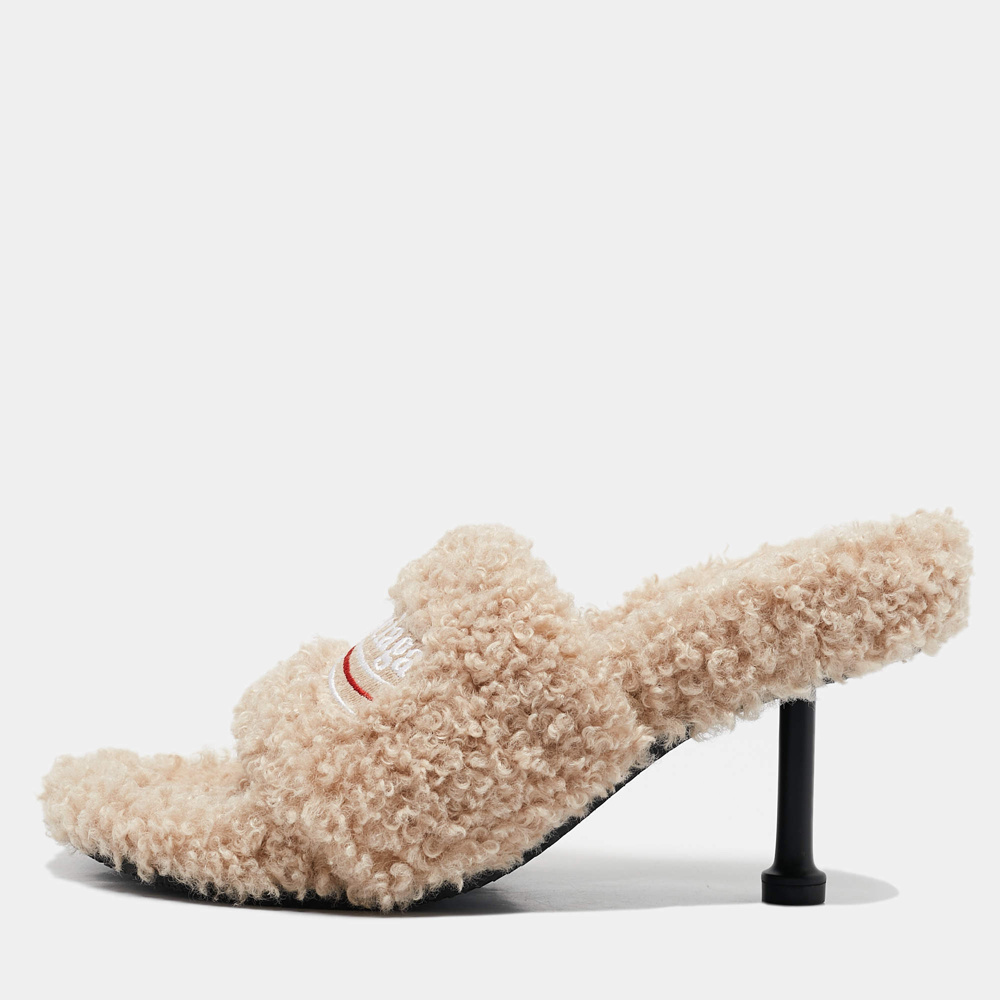 Balenciaga Beige Faux Shearling Fur Furry Slide Sandals Size 38