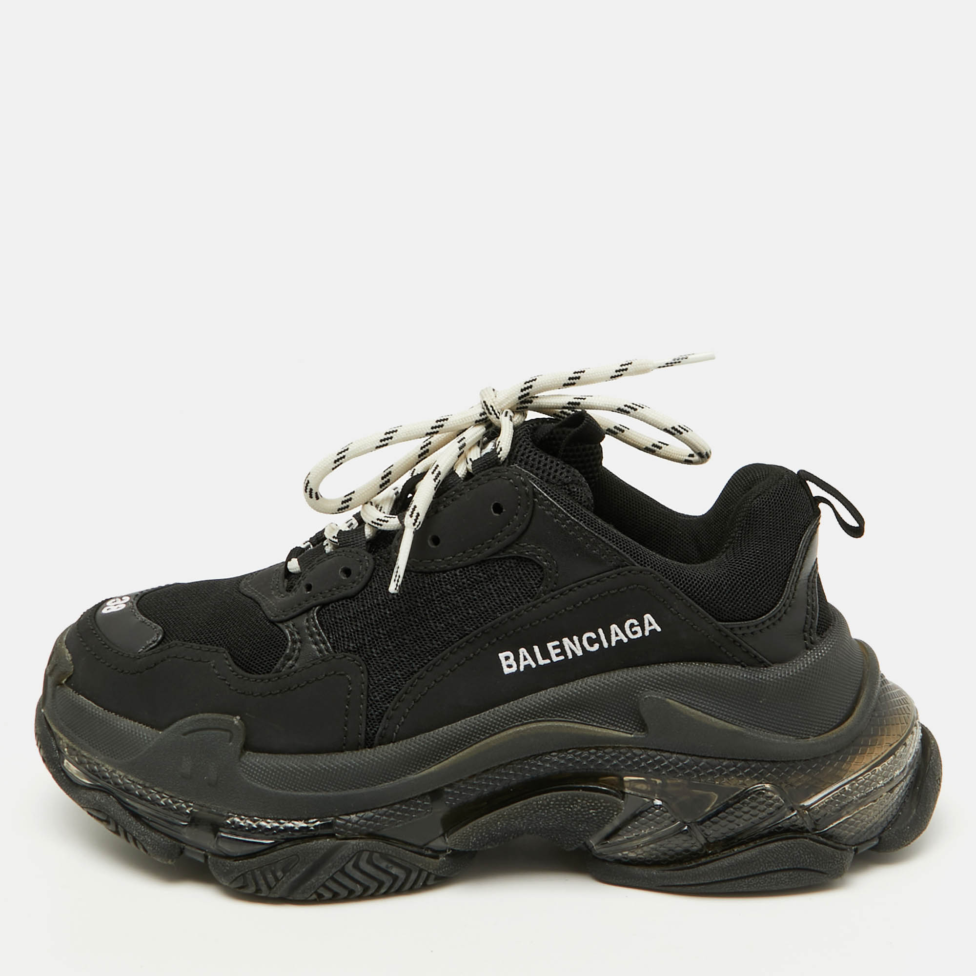 Pre Owned Balenciaga Black Mesh and Faux Leather Triple S Clear Sneakers Size 38