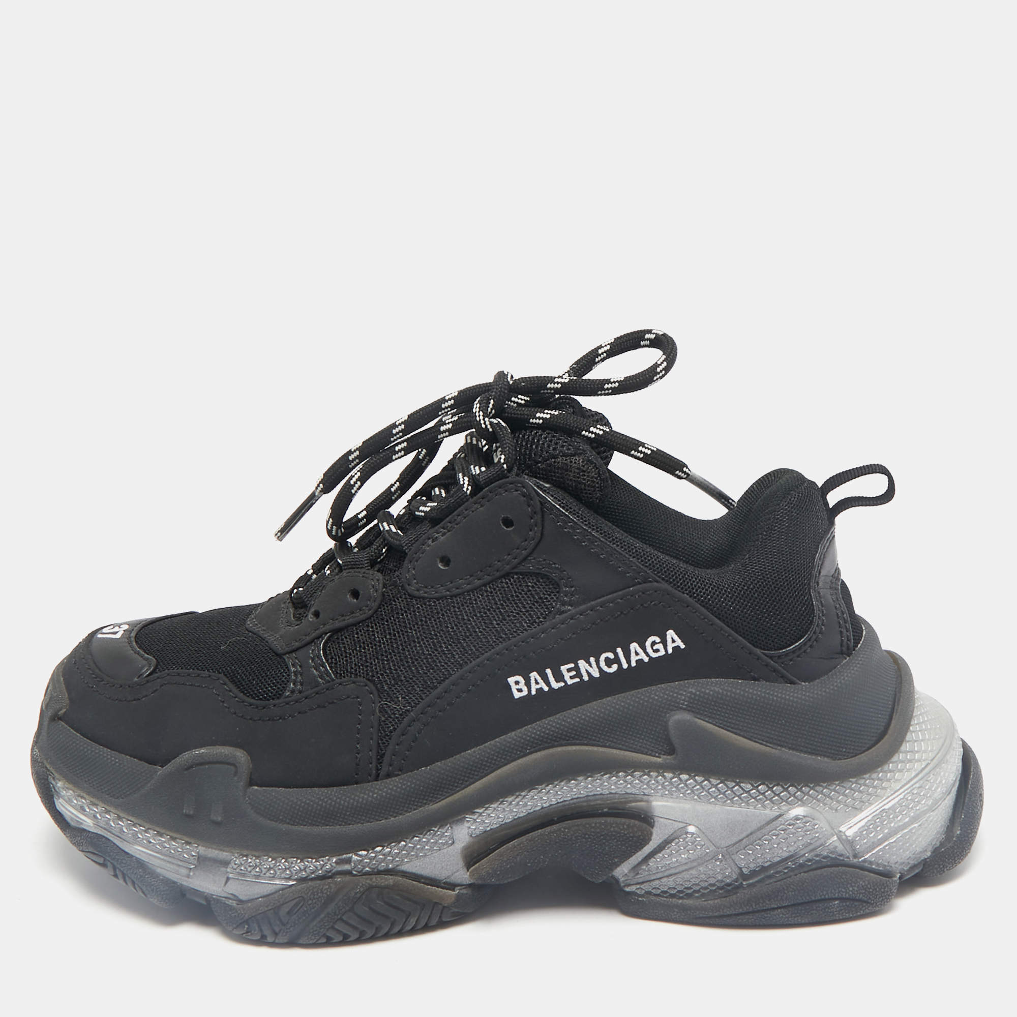 Balenciaga Black Mesh and Leather Triple S Clear Sneakers Size 37