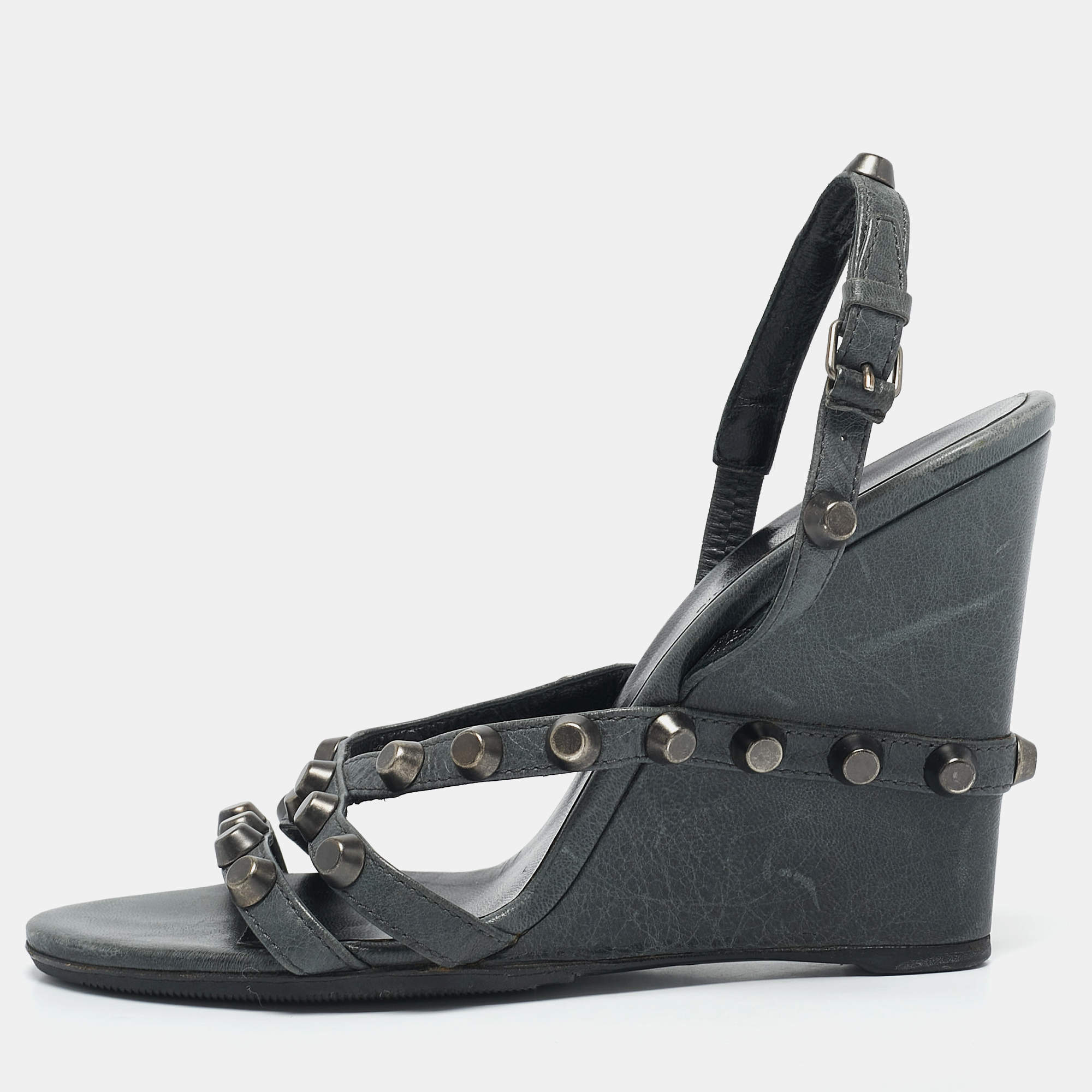Balenciaga Green Leather Arena Studded Wedge Sandals Size 39