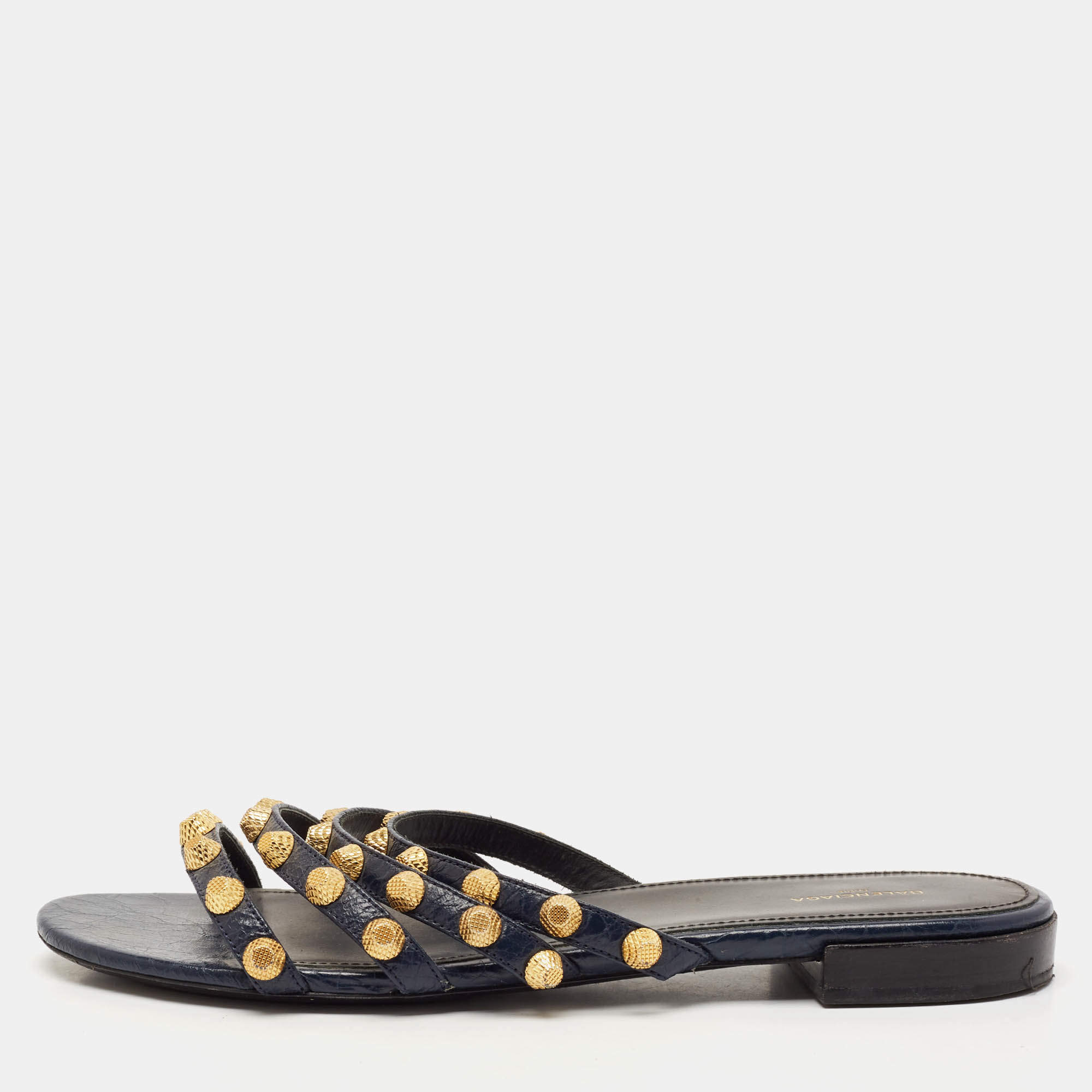 Balenciaga Navy Blue Leather Arena Flat Sandals Size 39.5