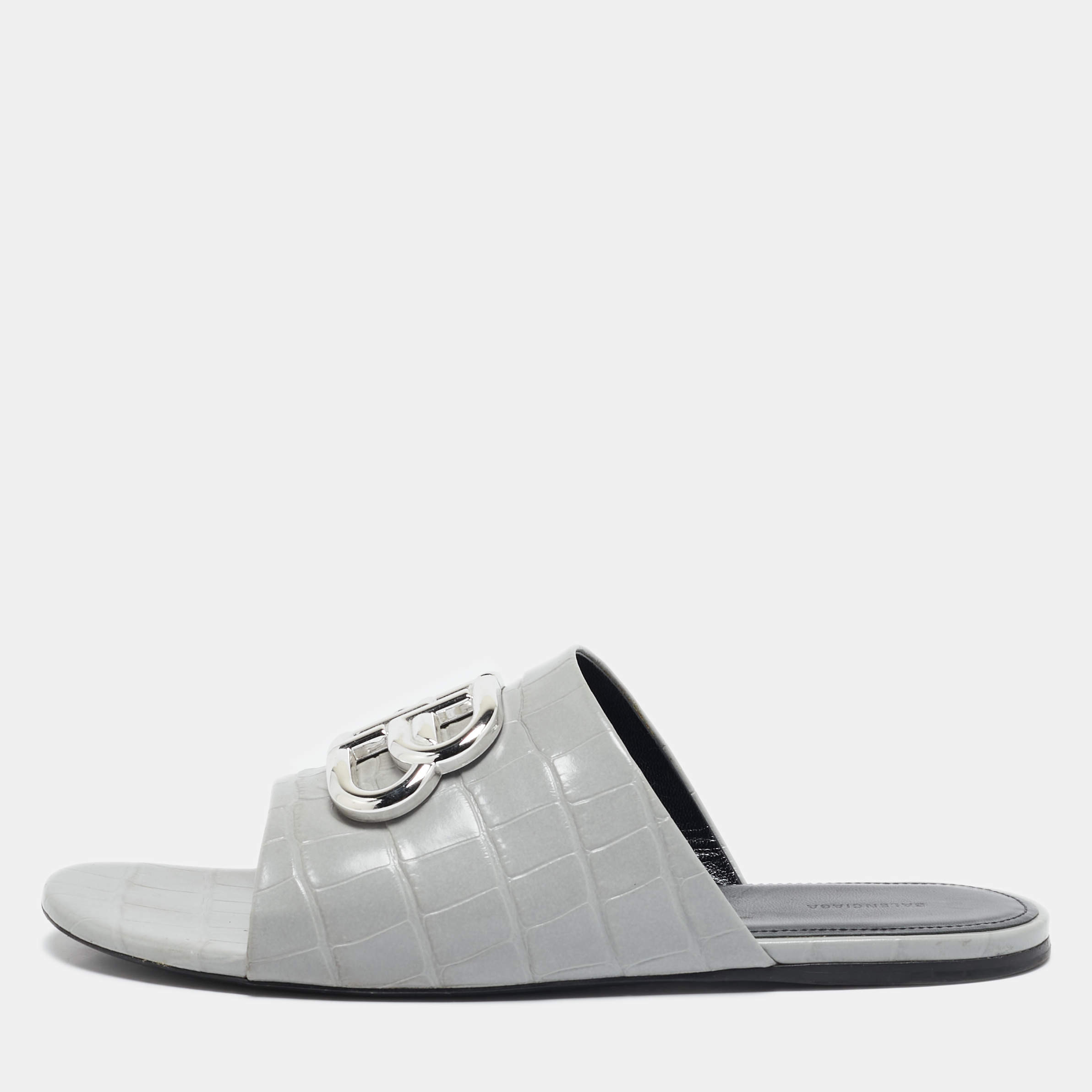 Pre Owned Balenciaga Grey Croc Embossed Leather BB Slide Flats Size 39