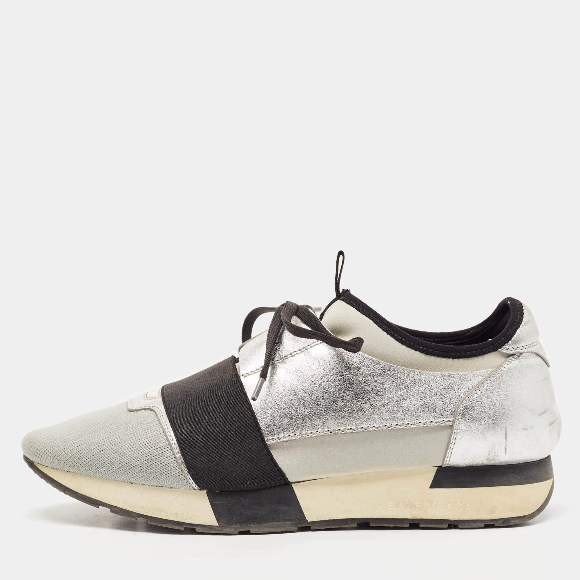 Balenciaga Silver Leather and Fabric Race Runner Low Top Sneakers Size 40