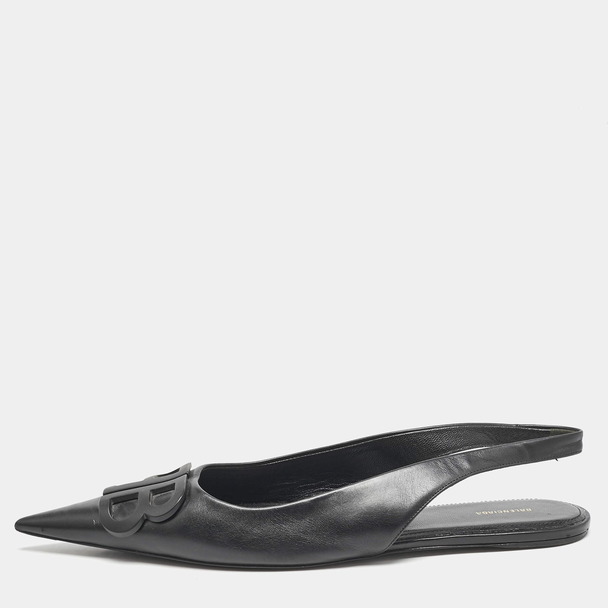 Balenciaga Black Leather BB Knife Pointed Toe Slingback Flats Size 40