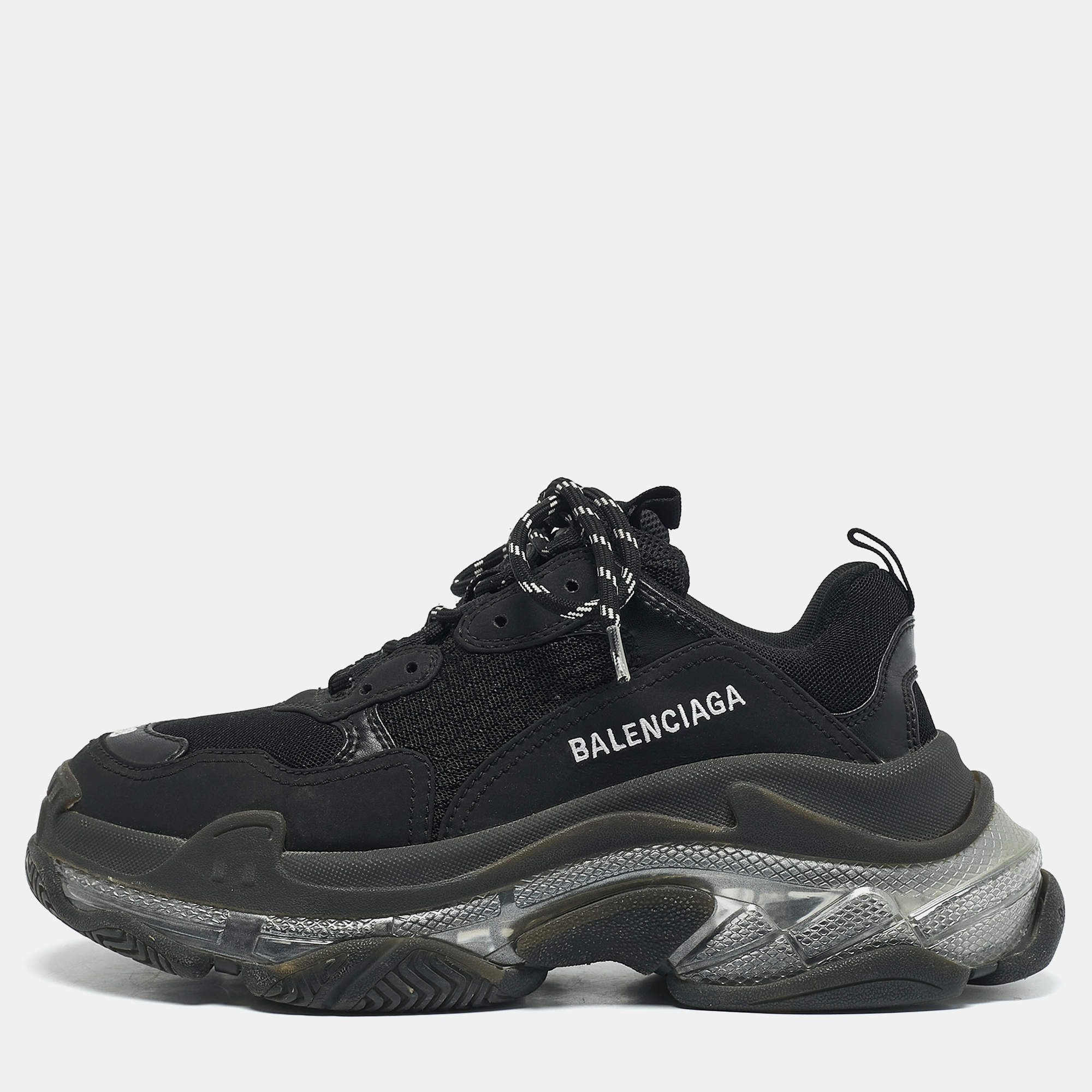 Balenciaga Black Mesh and Faux Leather Triple S Clear Sneakers Size 38