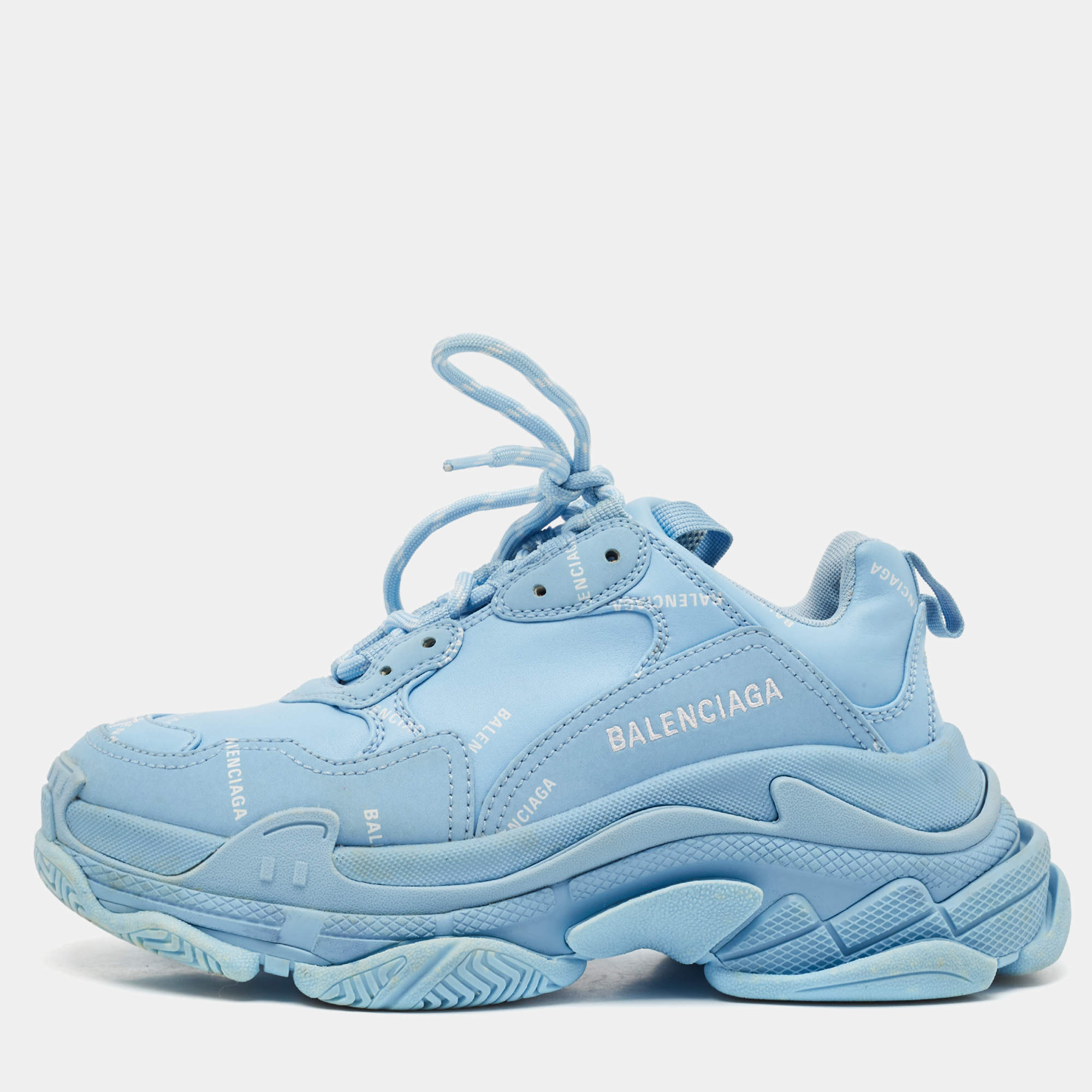 Pre Owned Balenciaga Blue Leather All-Over Logo Triple S Sneaker Size 37
