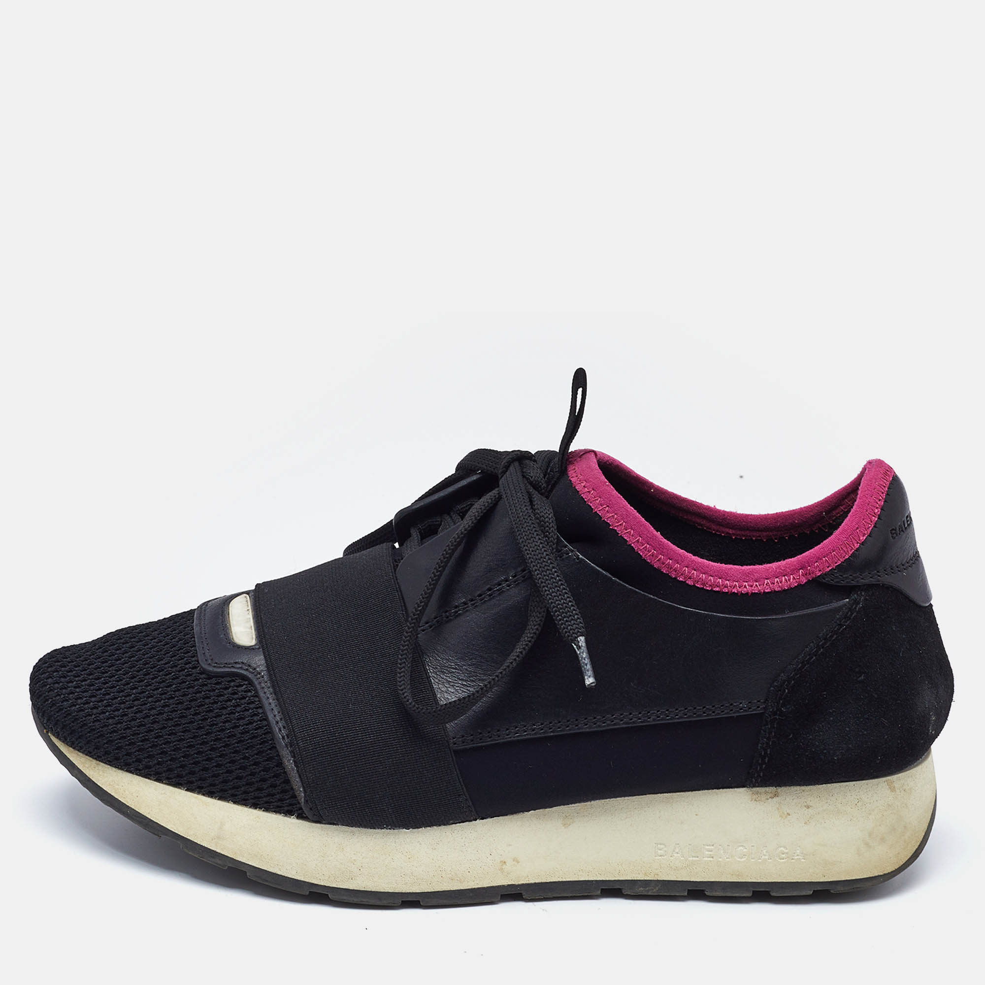 Balenciaga Black Fabric and Leather Race Runner Lace Up Sneakers Size 37