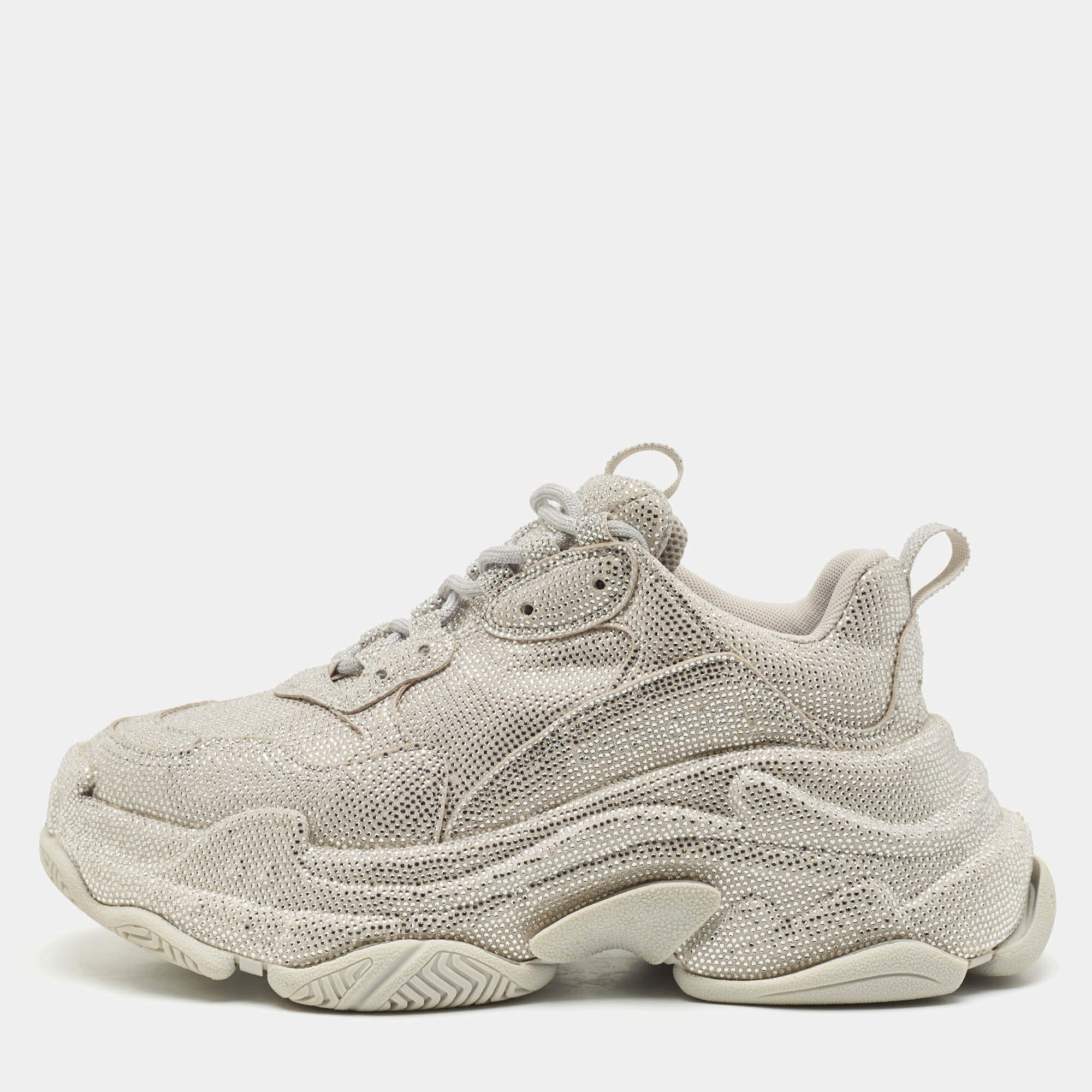 Balenciaga Grey Suede Crystal Embellished Triple S Sneakers Size 37