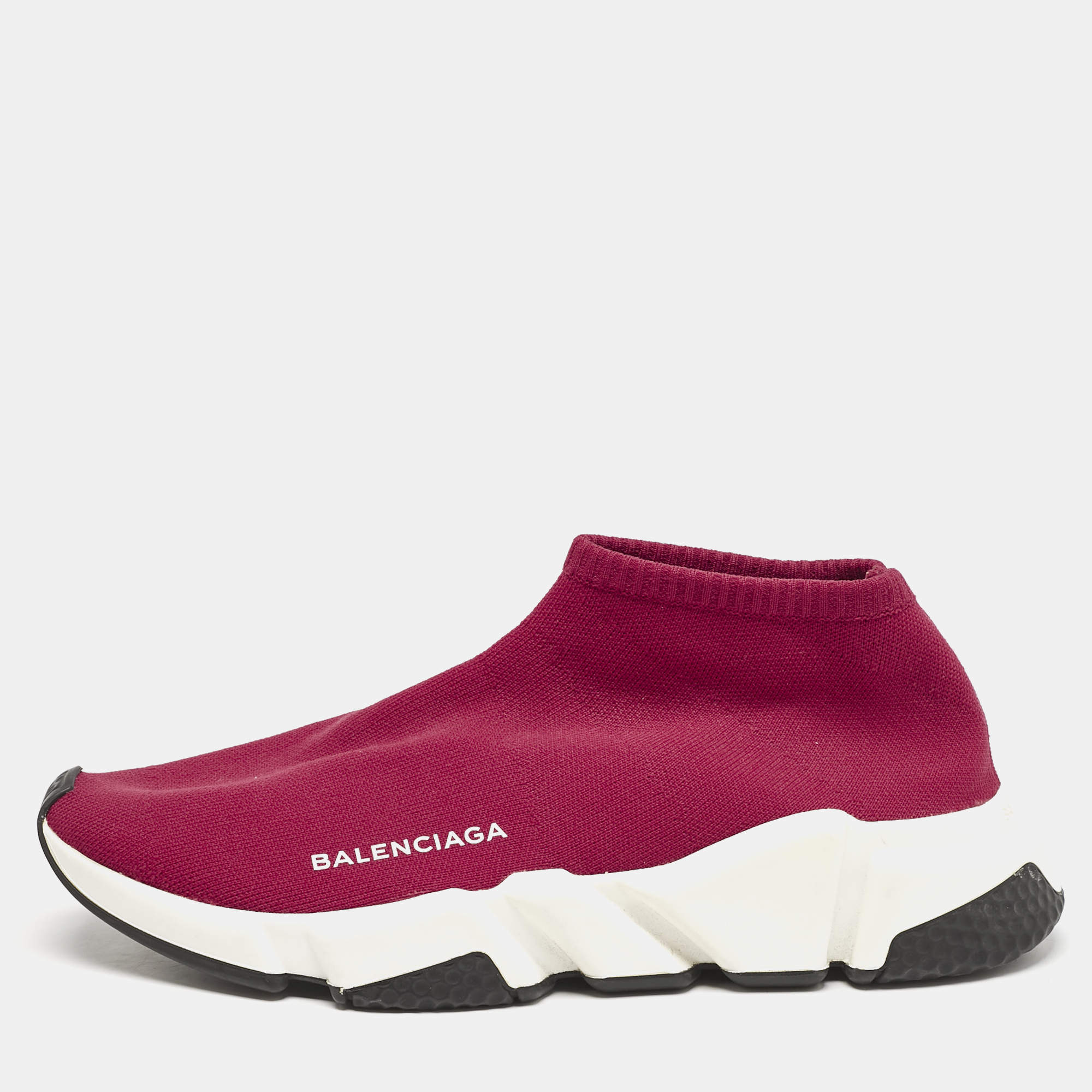 Balenciaga Burgundy Knit Fabric Speed Trainer Slip On Sneakers Size 39