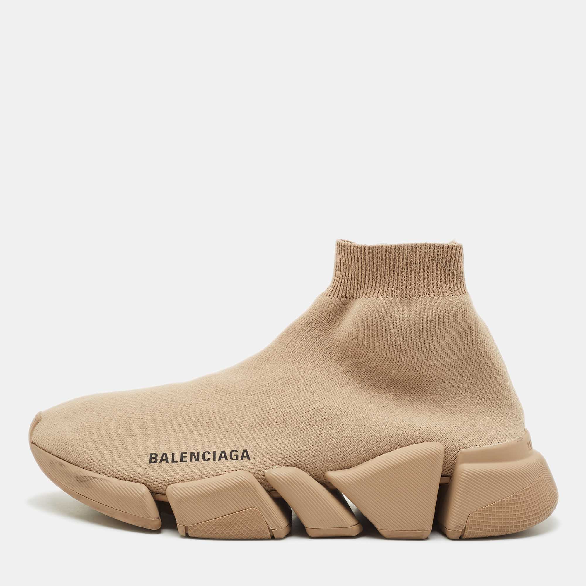 Pre Owned Balenciaga Beige Knit Fabric Speed Sock Sneakers Size 37