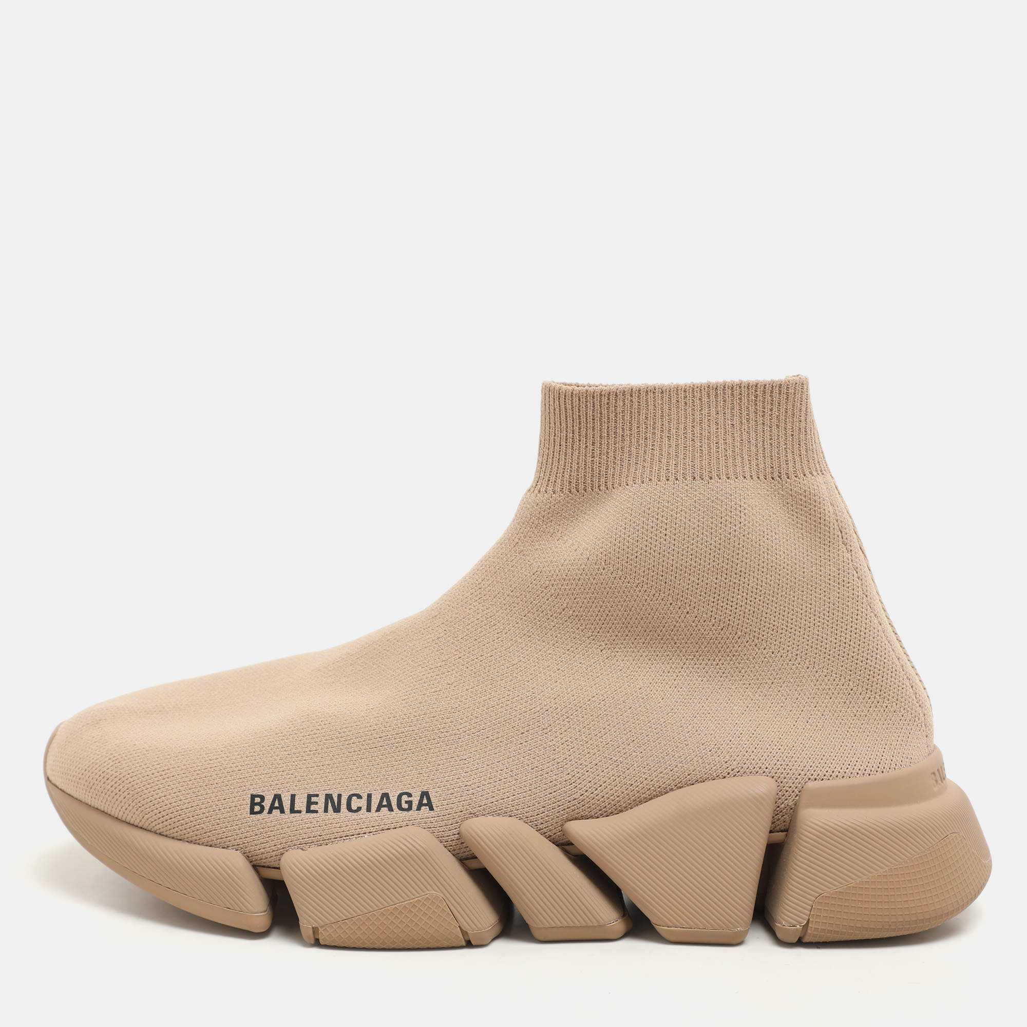 Balenciaga Beige Knit Fabric Speed Trainer High Top Sneakers Size 37
