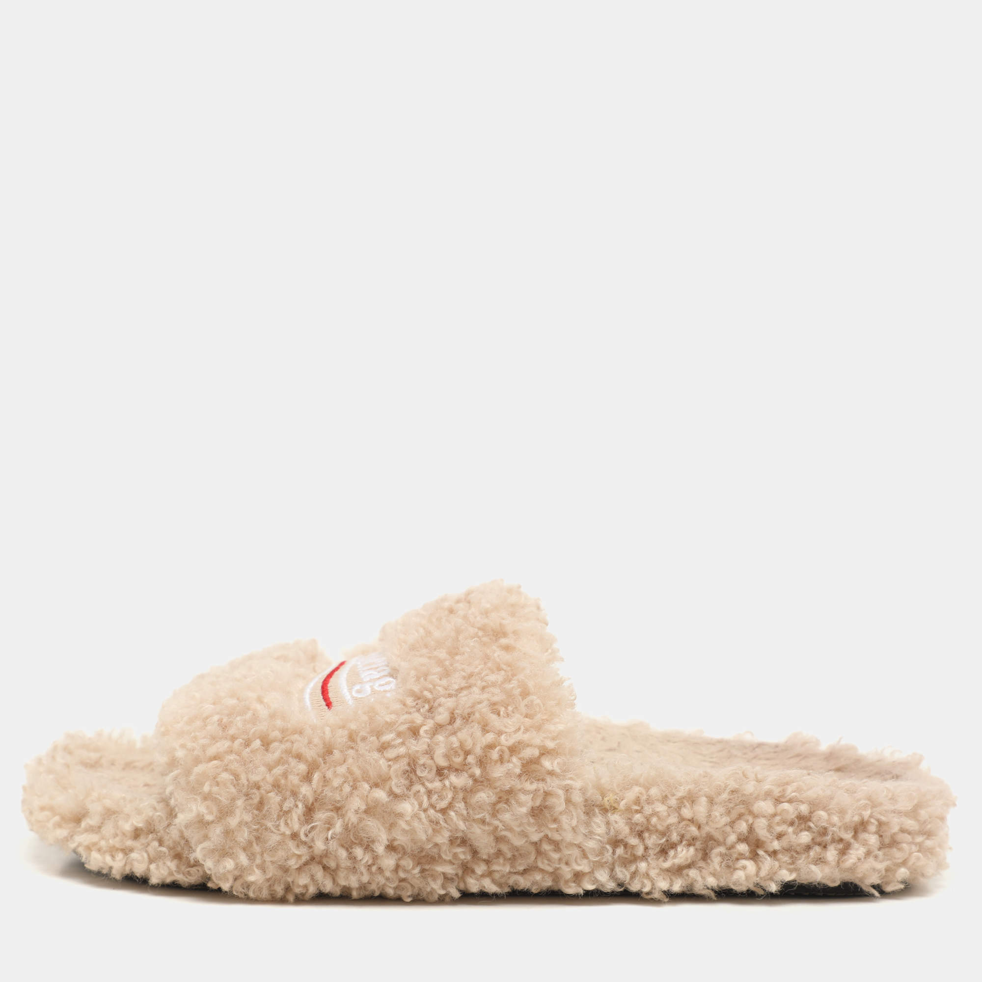 Balenciaga Beige Faux Fur Fury Slide Sandals Size 37