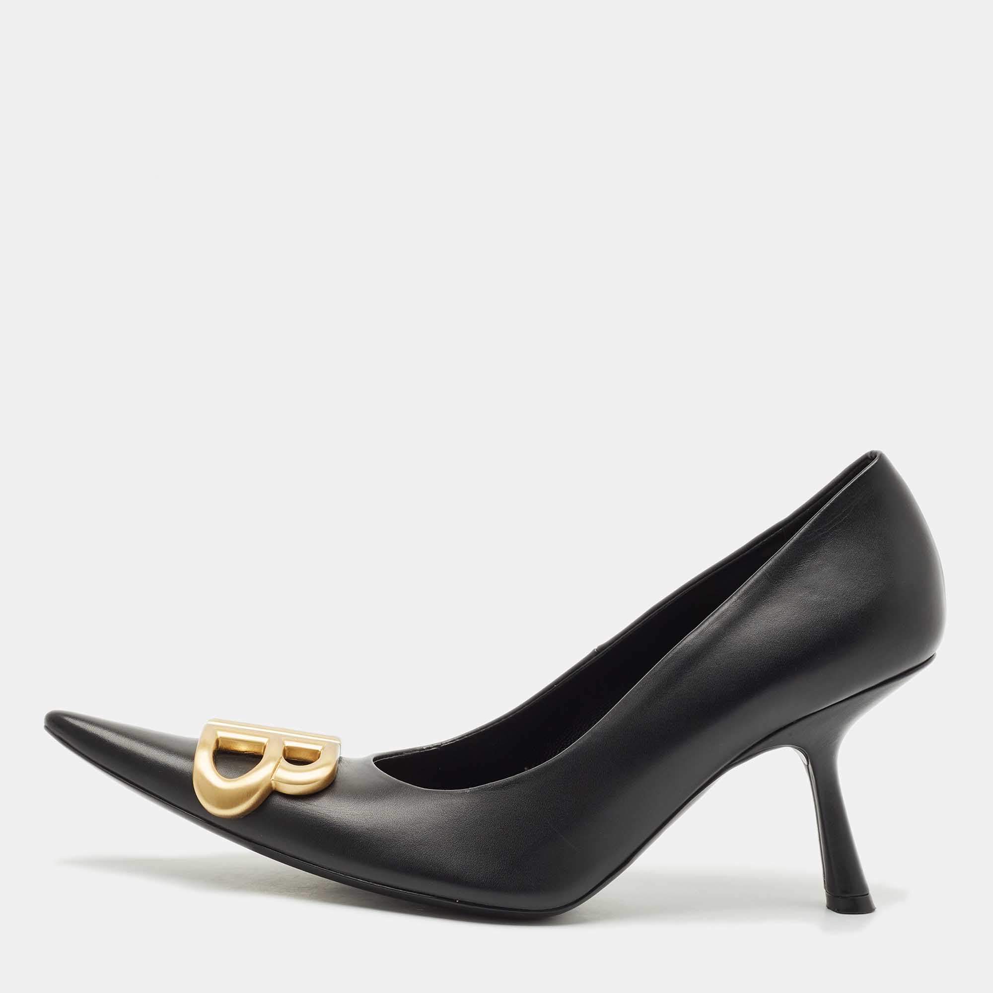 مملوكة مسبقًا Balenciaga Black Leather Knife BB Pointed Toe Pumps Size 36
