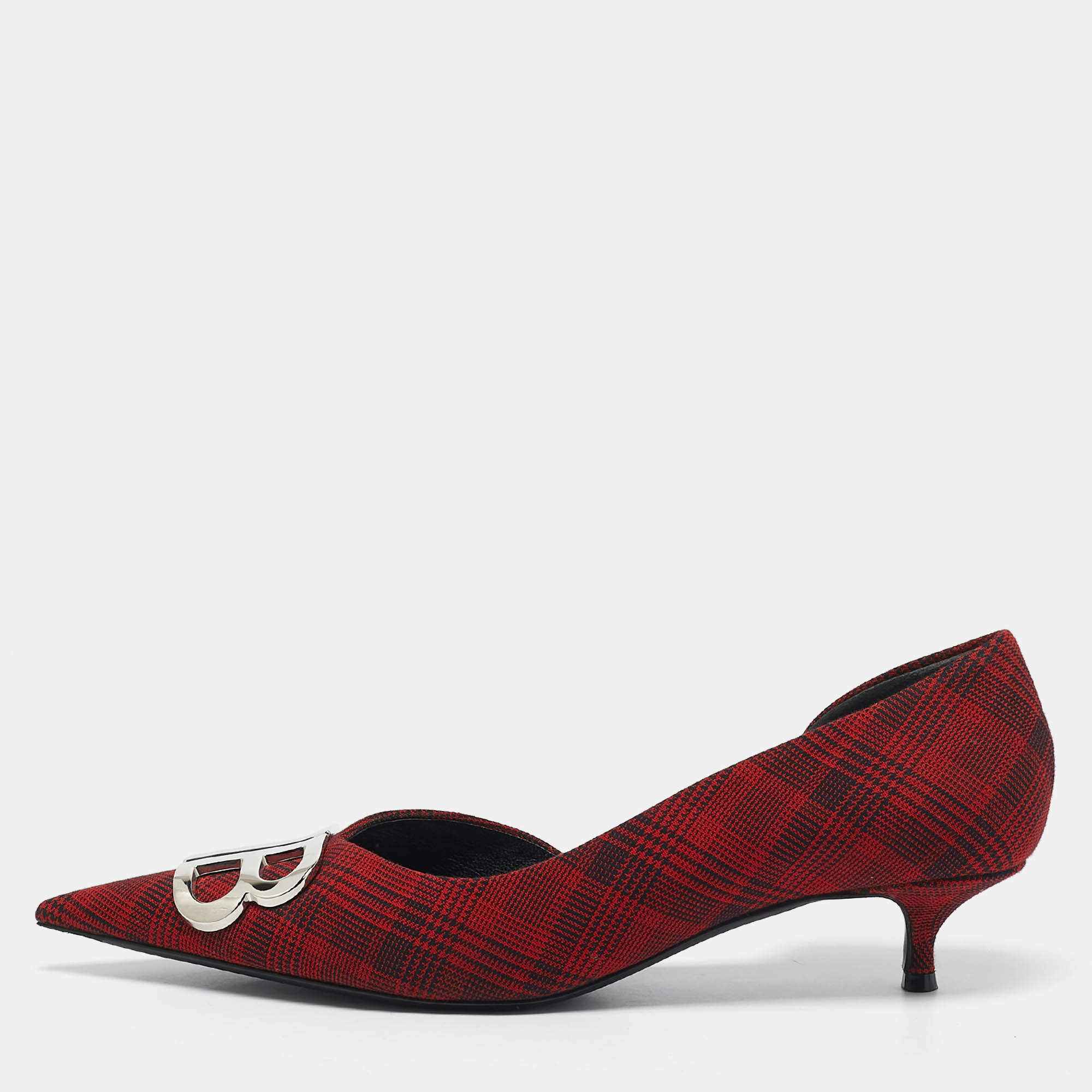 Balenciaga Red/Black Checked Fabric Knife Pointed Toe D'orsay Pumps Size 41