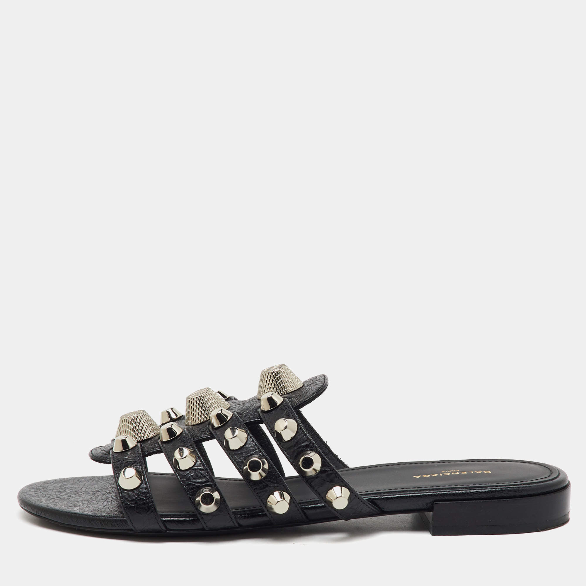 Balenciaga Black Studded Leather Arena Strappy Flat Slides Size 36.5