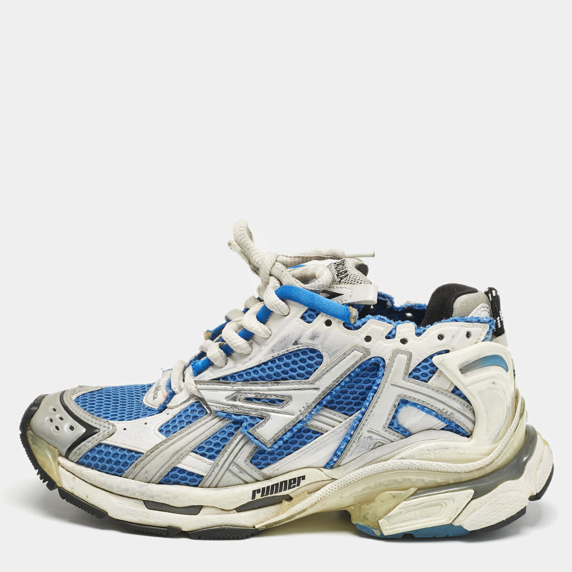 Balenciaga Blue/White Faux Leather and Mesh Track Low Top Sneakers Size 37