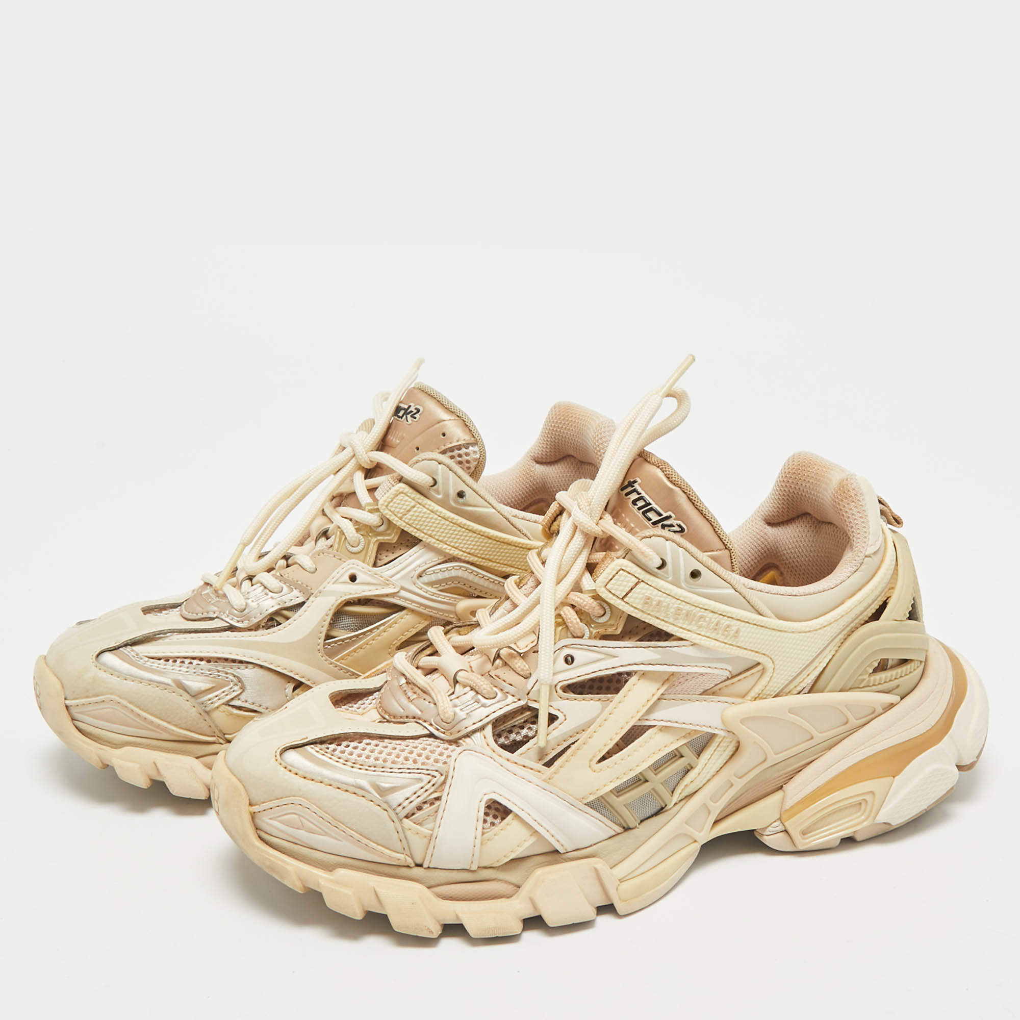 Pre Owned Balenciaga Beige Faux Leather and Mesh Track 2 Low Top Sneakers Size 38